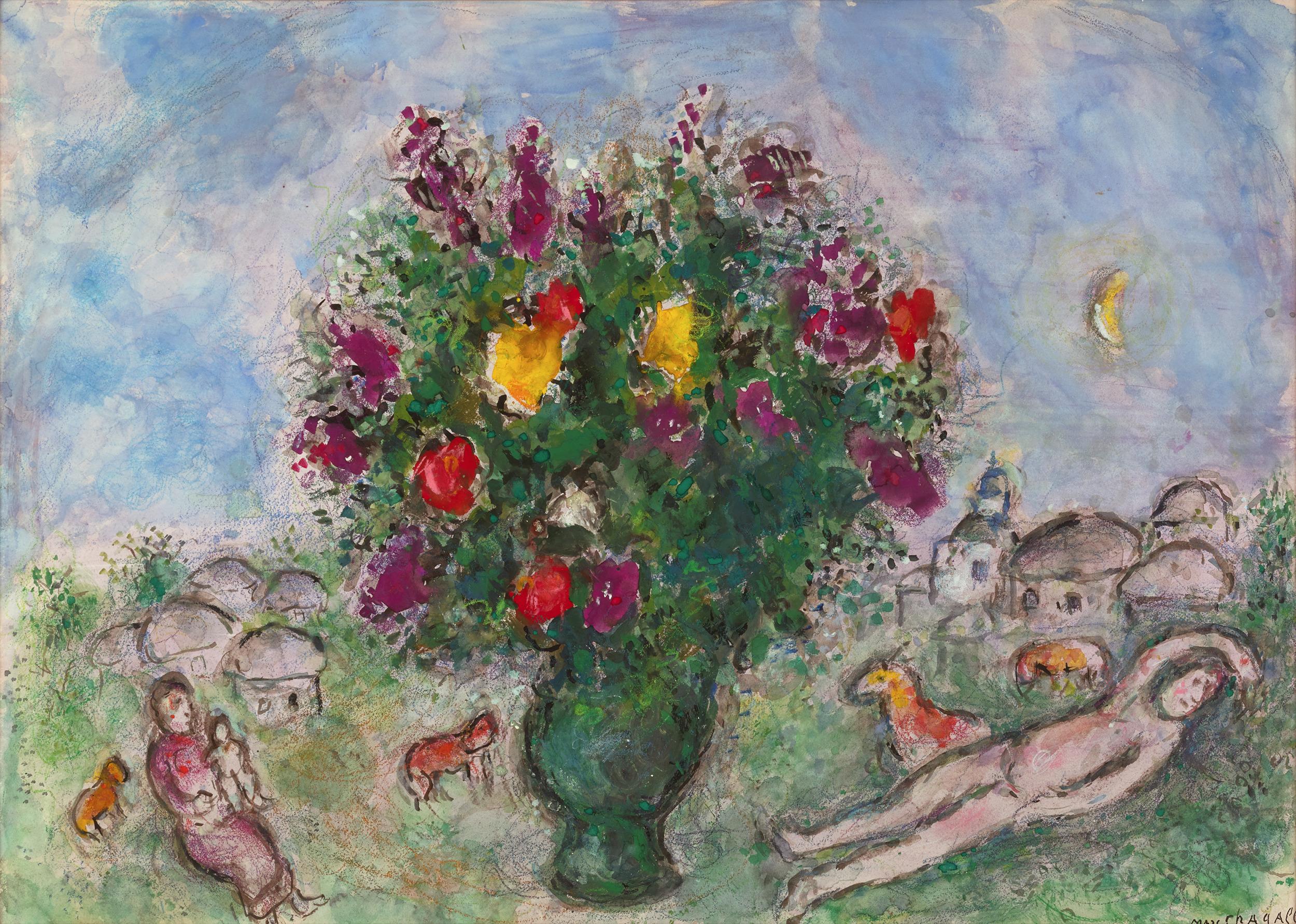 Marc Chagall
1887-1985  Russian

Le repos
(Rest)

Signed “Marc Chagall“ (lower right)
Gouache, watercolor and pastel on paper

Master Marc Chagall composed this contemplative and dreamlike painting entitled Le repos, which hails from the later years