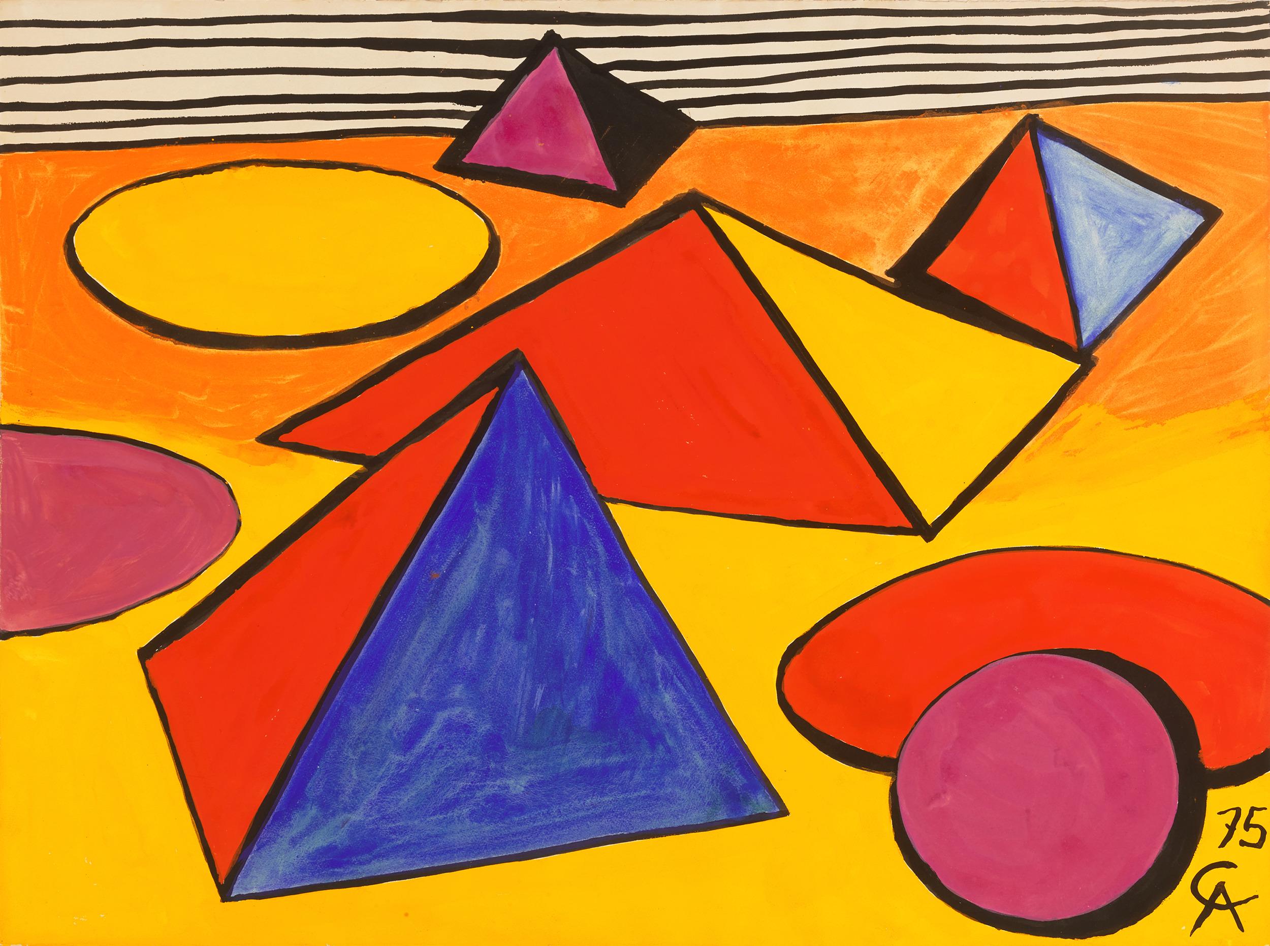 Alexander Calder
1898 – 1976  American

Mer de sable
(Sea of sand)

Gouache and ink on paper
Signed and dated with artist’s monogram “CA and ‘75” (lower right)

This vibrant gouache and ink on paper is the work of esteemed modern master, Alexander