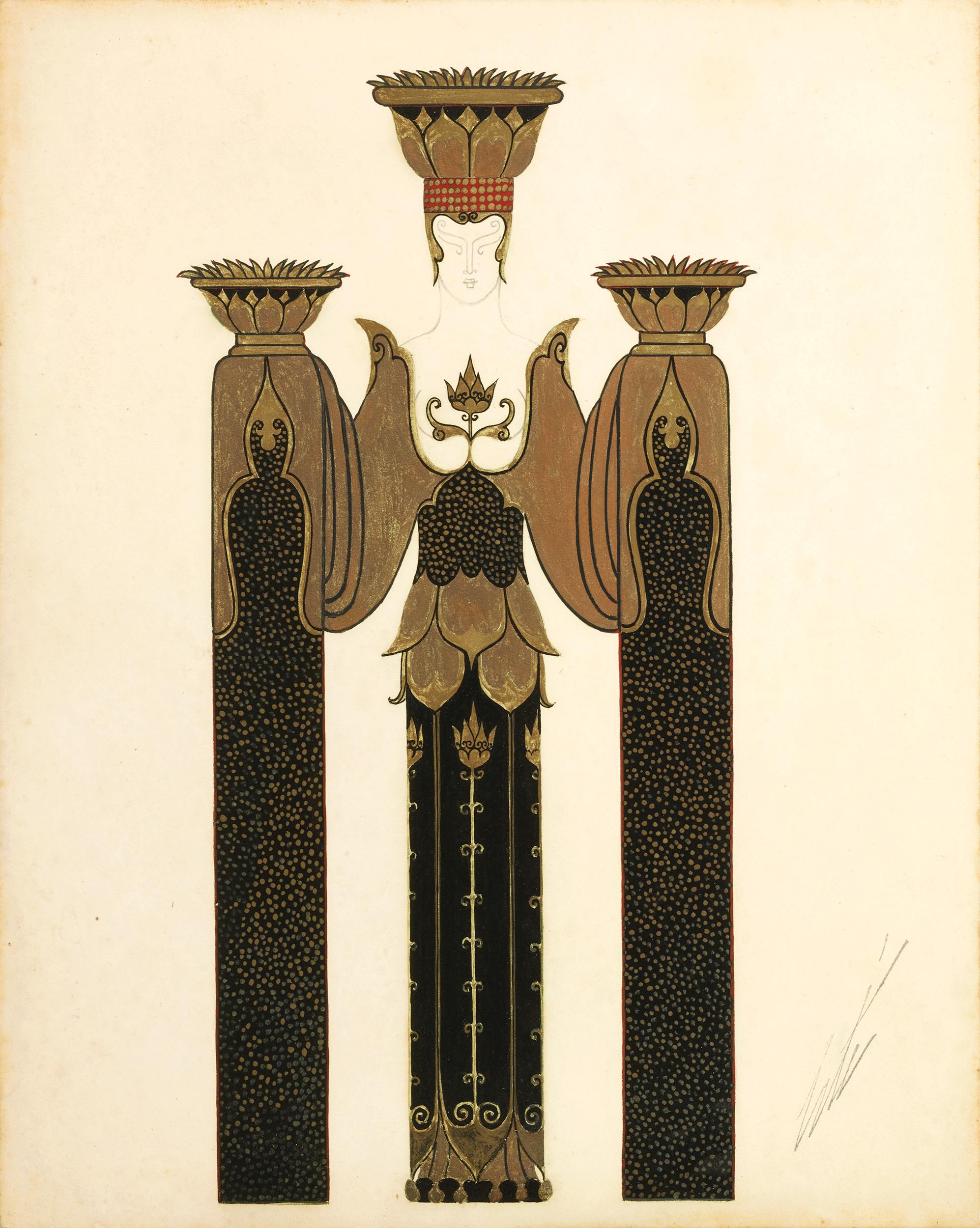 Erté (Romain de Tirtoff)
1892-1990 | Russian-French

Salade de fleurs de lotus
(Lotus Flower Salad)

Inscribed “n°1.497” (en verso)
Gouache on paper

In 1929, Erté embarked on the creative journey of designing stage settings and costumes for Aladin,