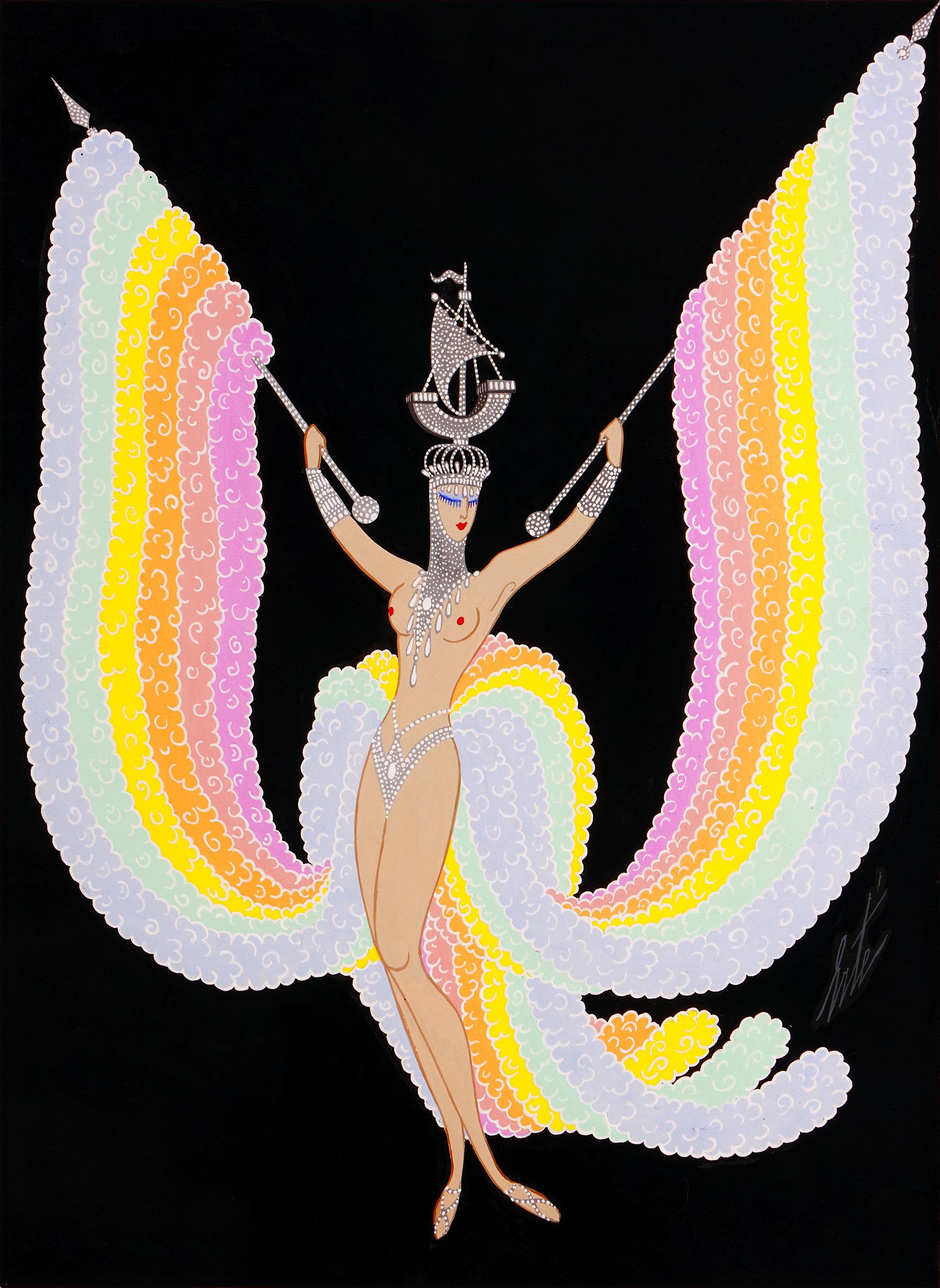 Erté (Romain de Tirtoff)
1892-1990 | Russian-French

Les filles final
(The Final Girls)

Signed “Erté” (lower right)
Inscribed No. 18.340 (en verso)
Gouache on paper

An elaborate design for a dazzling grand finale, this daring costume features a