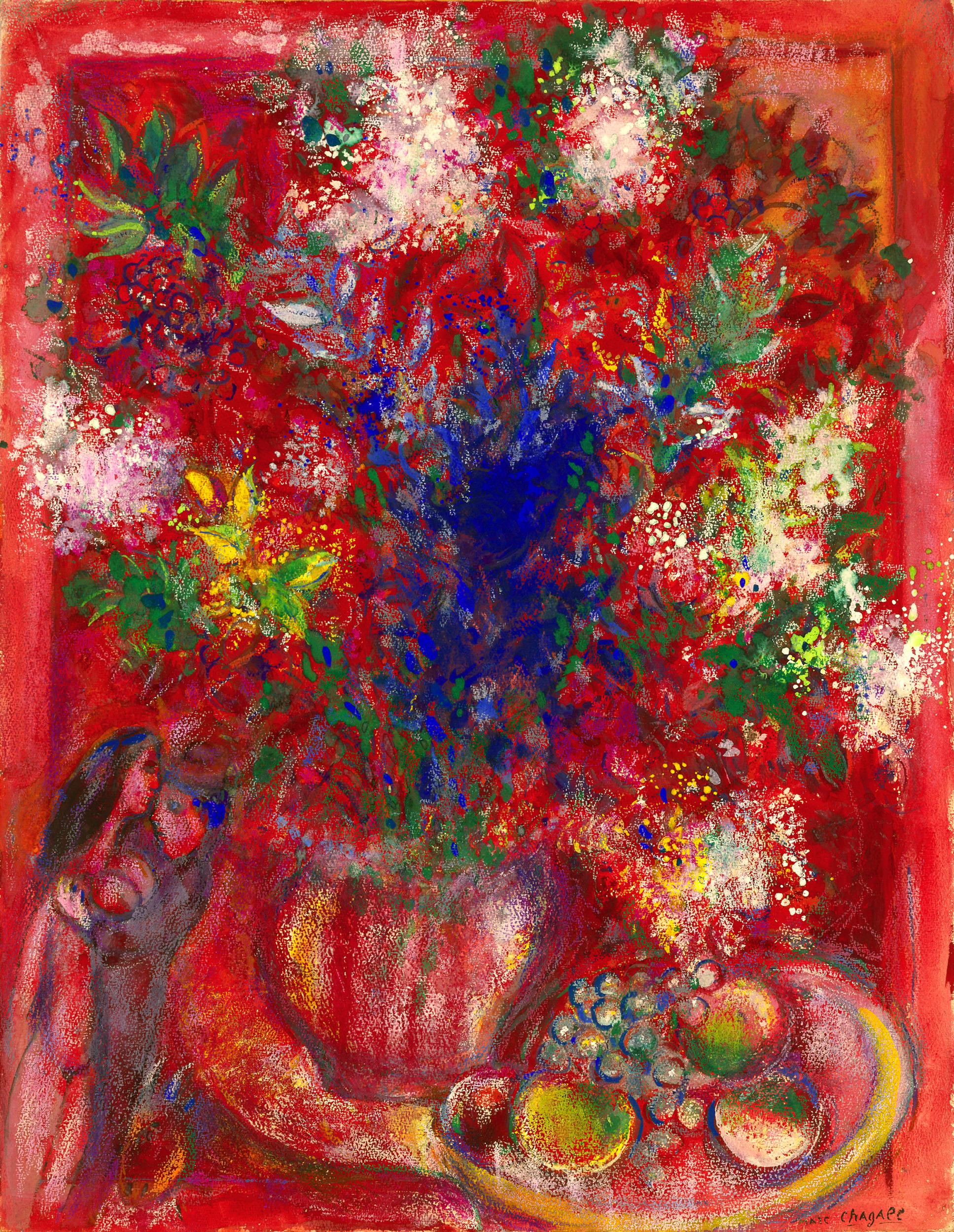 Marc Chagall
1887-1985  Russie

Les fleurs rouges


Signé "Marc Chagall" (en bas à droite)
Gouache et pastel sur papier

Les fleurs rouges de Marc Chagall est un chef-d'œuvre vibrant, une composition enivrante rendue dans une gamme étourdissante de