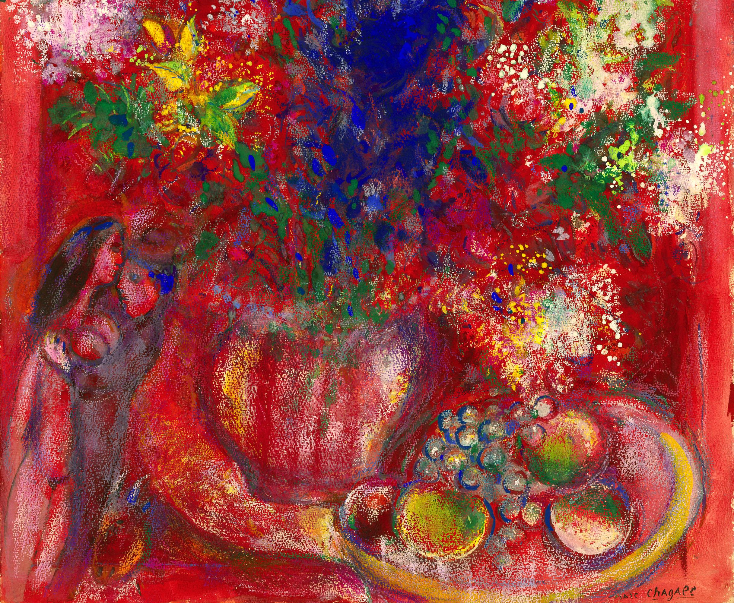 Marc Chagall
1887-1985  Russian

Les fleurs rouges


Signed “Marc Chagall“ (lower right)
Gouache and pastel on paper

An intoxicating all-over composition rendered in a dizzying array of pink and red hues, Marc Chagall’s Les fleurs rouges is a