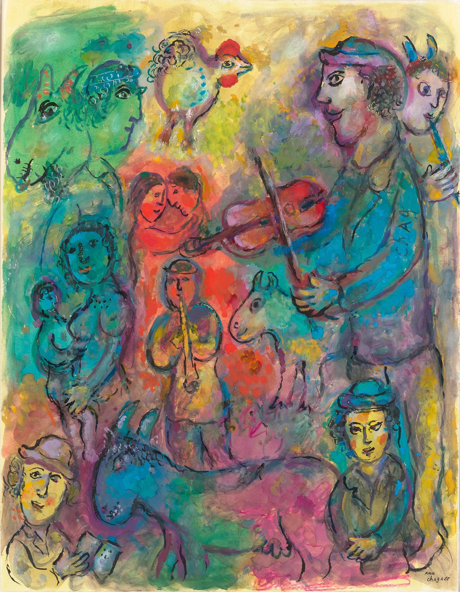 Marc Chagall
1887-1985  Russisch

Musikanten im Mehrfarbentopf
(Musiker auf einem mehrfarbigen Hintergrund)

Signiert "Chag" (auf dem Ärmel der rechten Figur); gestempelt mit der Signatur "Marc Chagall" (unten rechts)
Tempera, Gouache, farbige