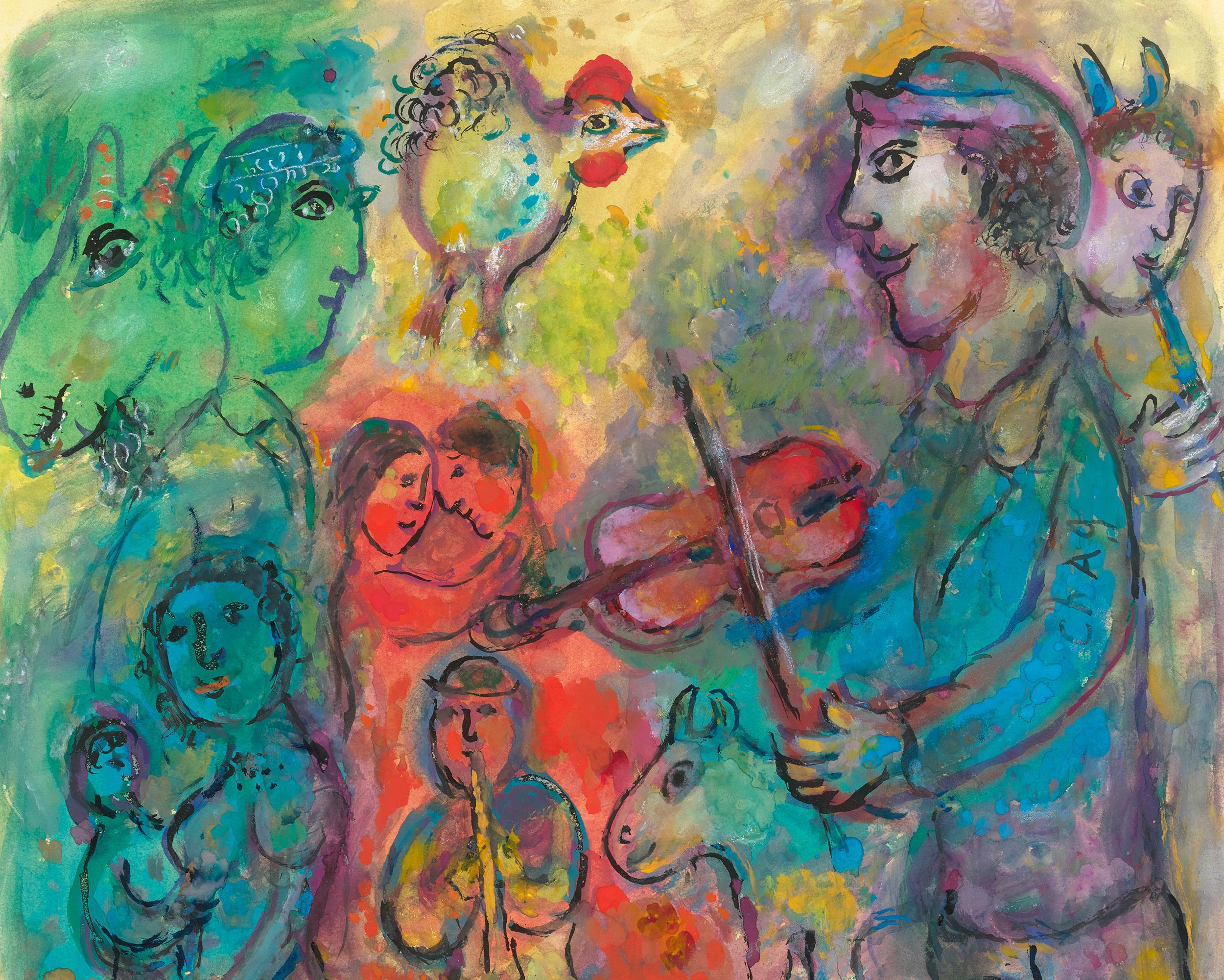 Musiciens Sur Fond multicolore de Marc Chagall en vente 2