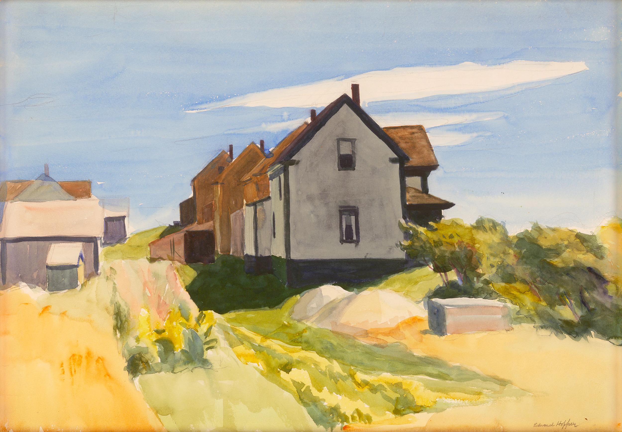 Edward Hopper
1882-1967  American

Group of Houses

Signed “Edward Hopper” (lower right)
Watercolor and pencil on paper

Edward Hopper is unparalleled in his depiction of the American ethos, rendering landscapes and figures with a mastery of light