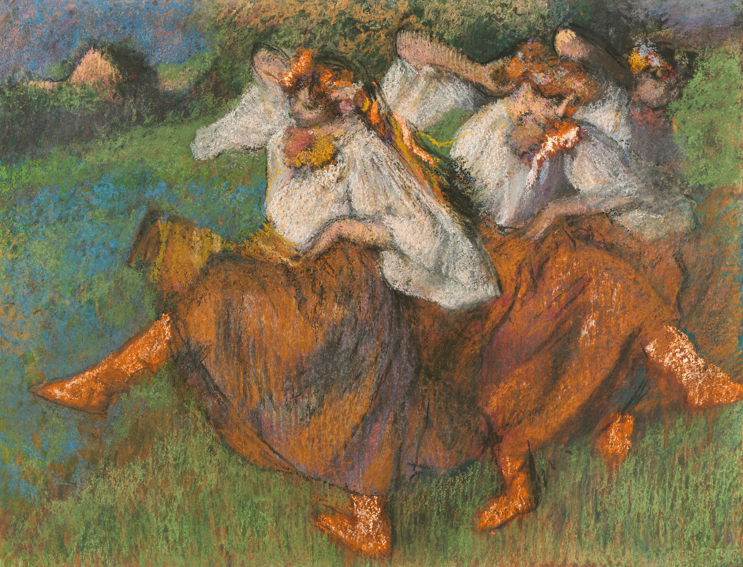 Edgar Degas
1834-1917  French

Ukrainian Dancers

Stamped "Degas" (lower left)
Charcoal and pastel on tracing paper mounted on cardboard

“I’m going to show you the orgies of color that I’m working on at the moment.” - Edgar Degas to Julie Manet, on