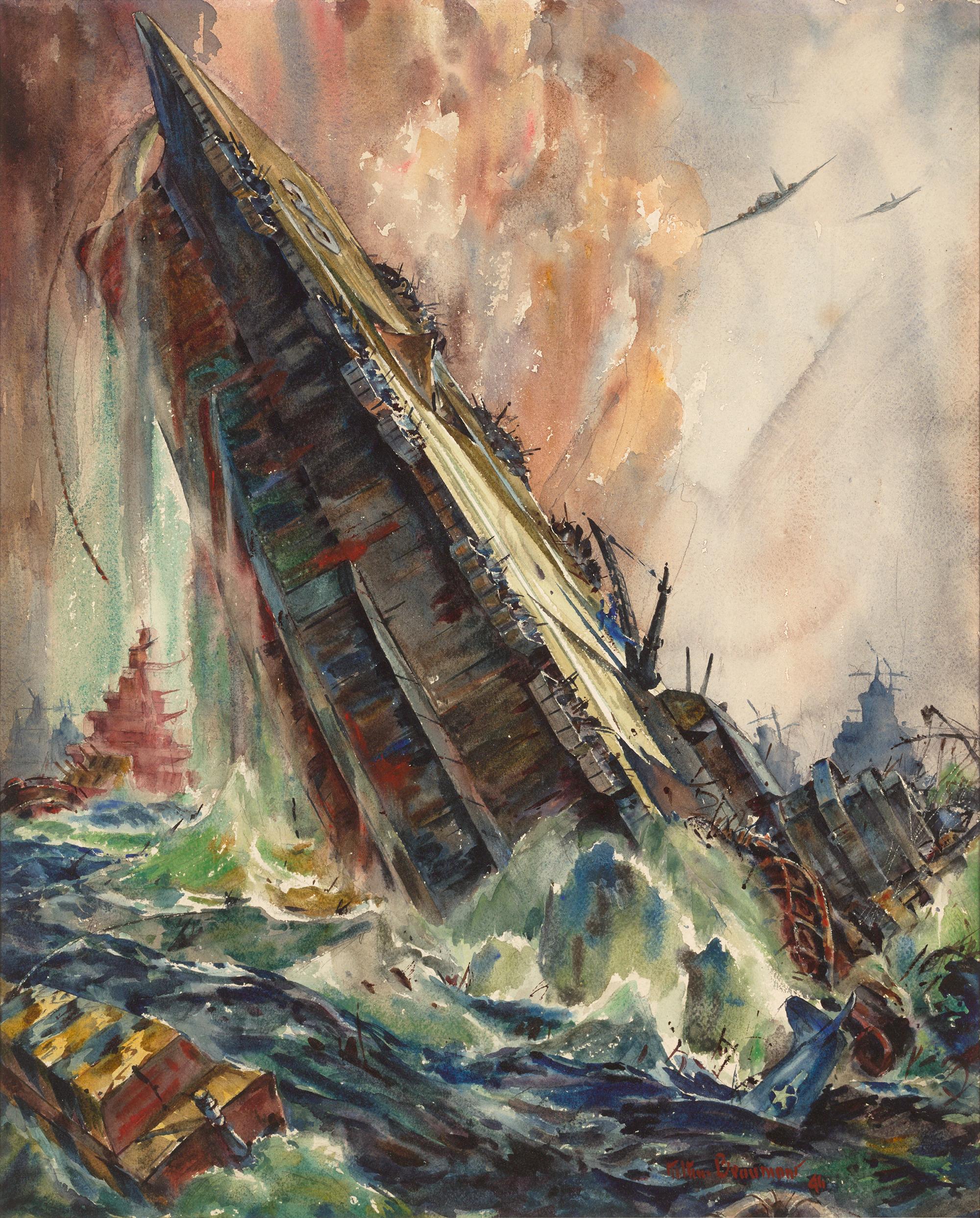 Sinking Of The Saratoga Watercolor By War Correspondent - Art by Unknown