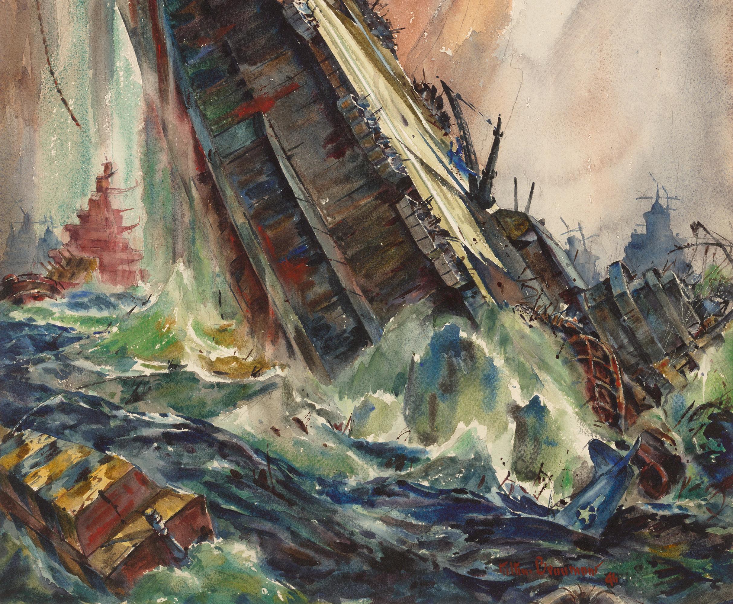 Sinking Of The Saratoga Watercolor By War Correspondent For Sale 2