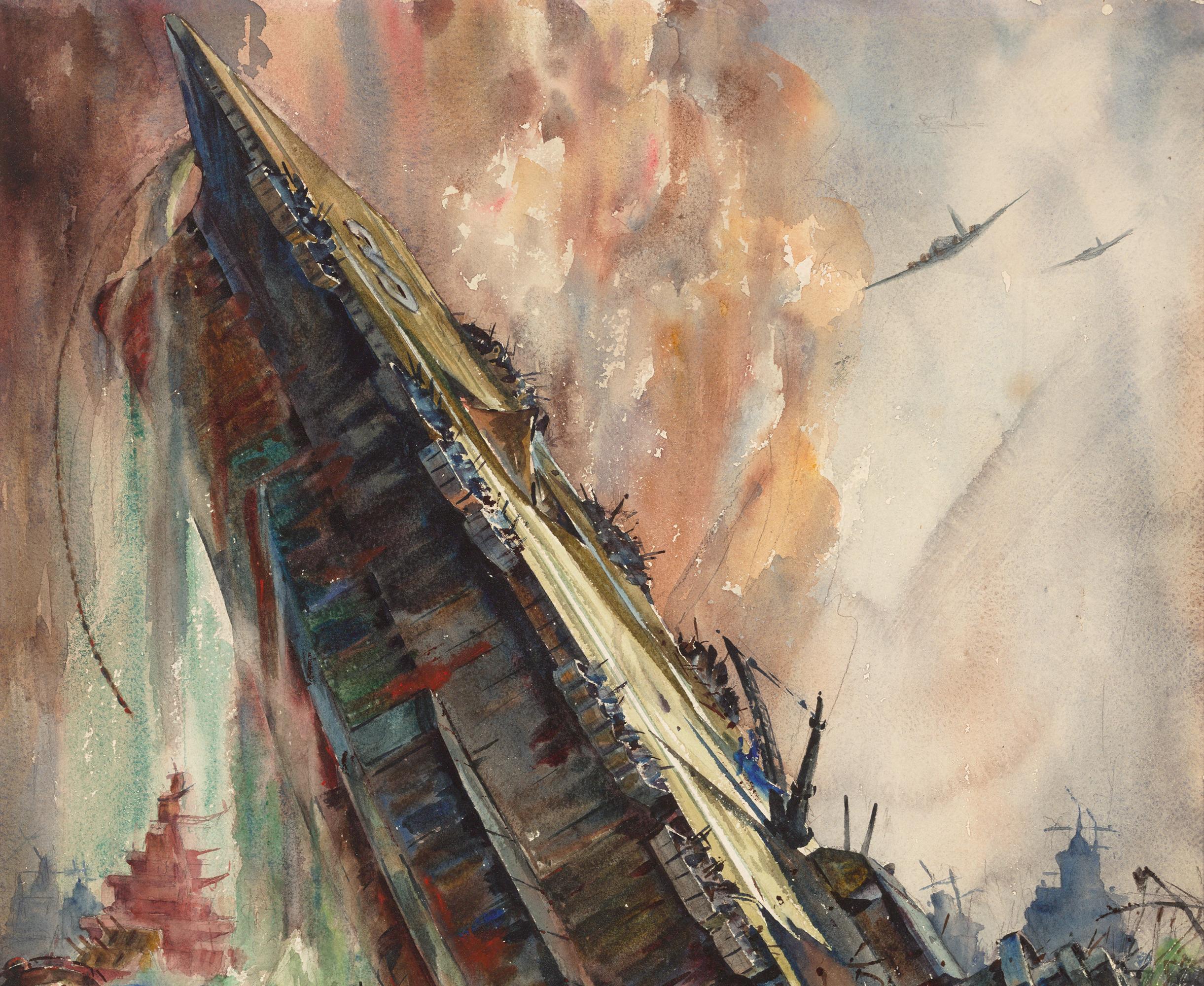Sinking Of The Saratoga Watercolor By War Correspondent For Sale 1