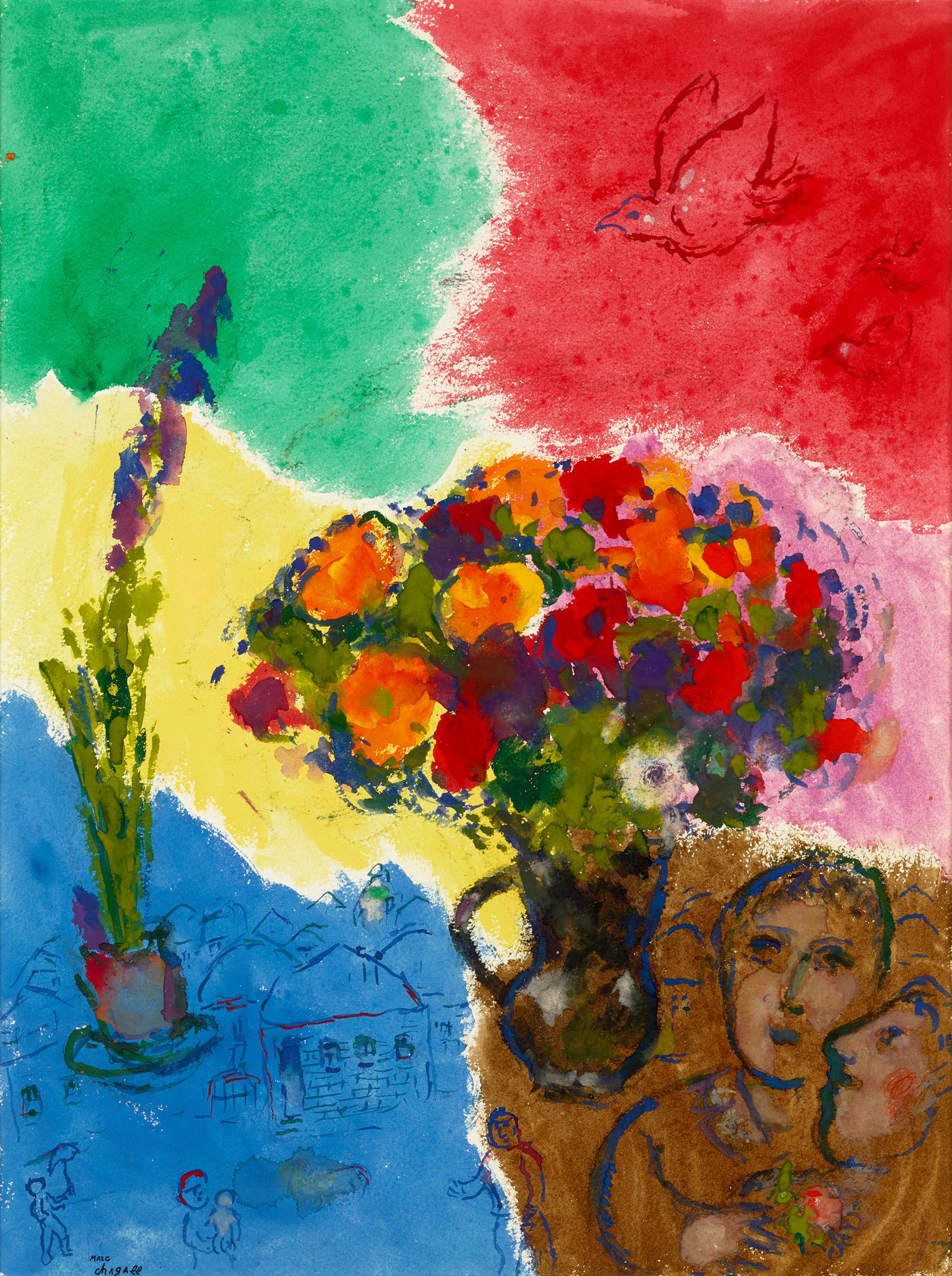 Marc Chagall
1887-1985  Russian

Les fleurs des amoureux sur fond multicolore
(Lovers’ flowers on a multicolored background)

Stamped with signature “Marc Chagall" (lower left)
Gouache, tempera and lithographic pencil on paper

“You could wonder for