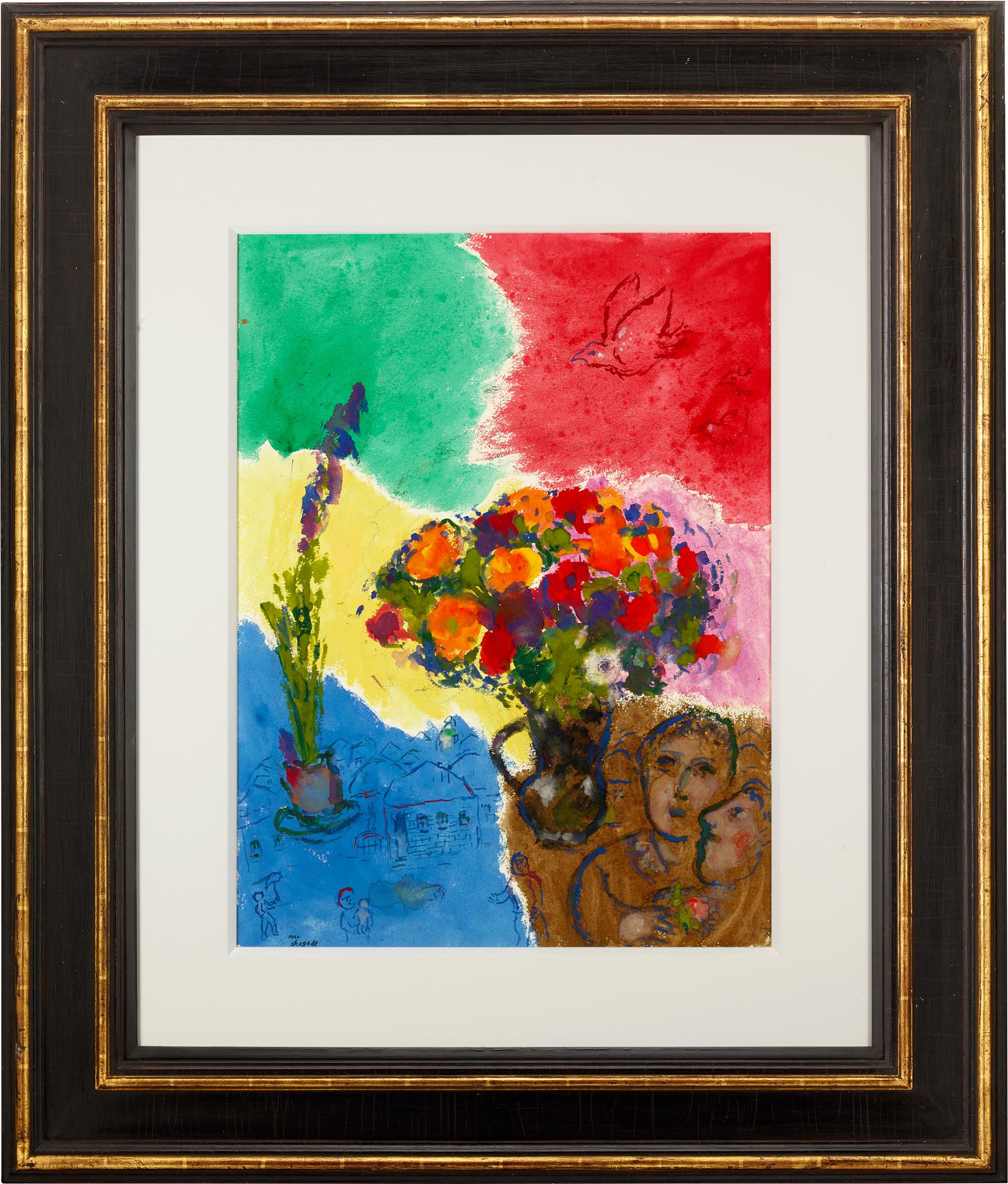 Les Fleurs Des Amoureux Sur Fond Multicolor von Marc Chagall, Mehrfarbig im Angebot 1