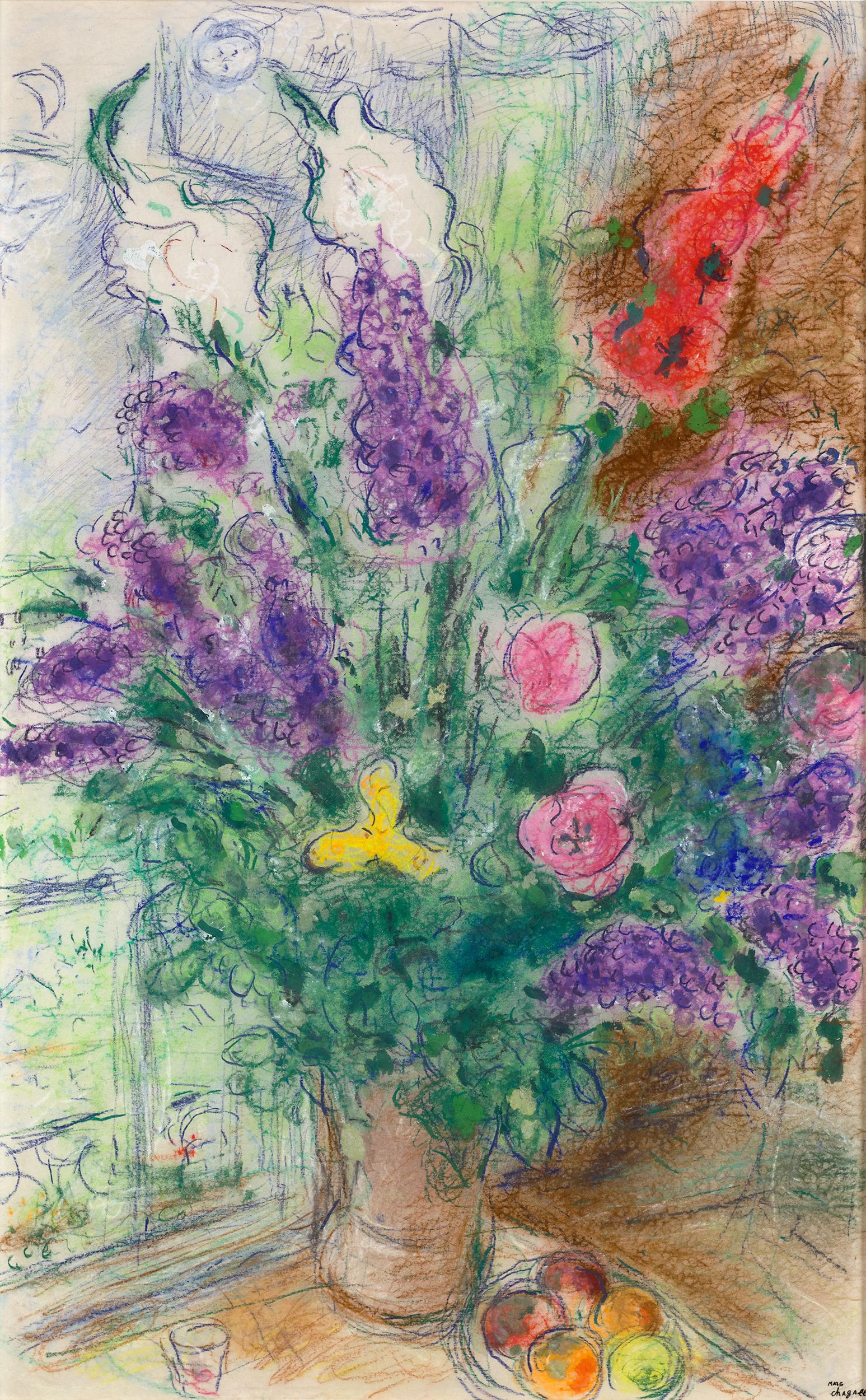 Marc Chagall
1887-1985  Russian

Grand bouquet et fruits devant la fenêtre à Paris
(Large bouquet and fruits in front of the window in Paris)

Stamped with signature “Marc Chagall" (lower right)

Pastel and gouache on Japan paper

“When Matisse