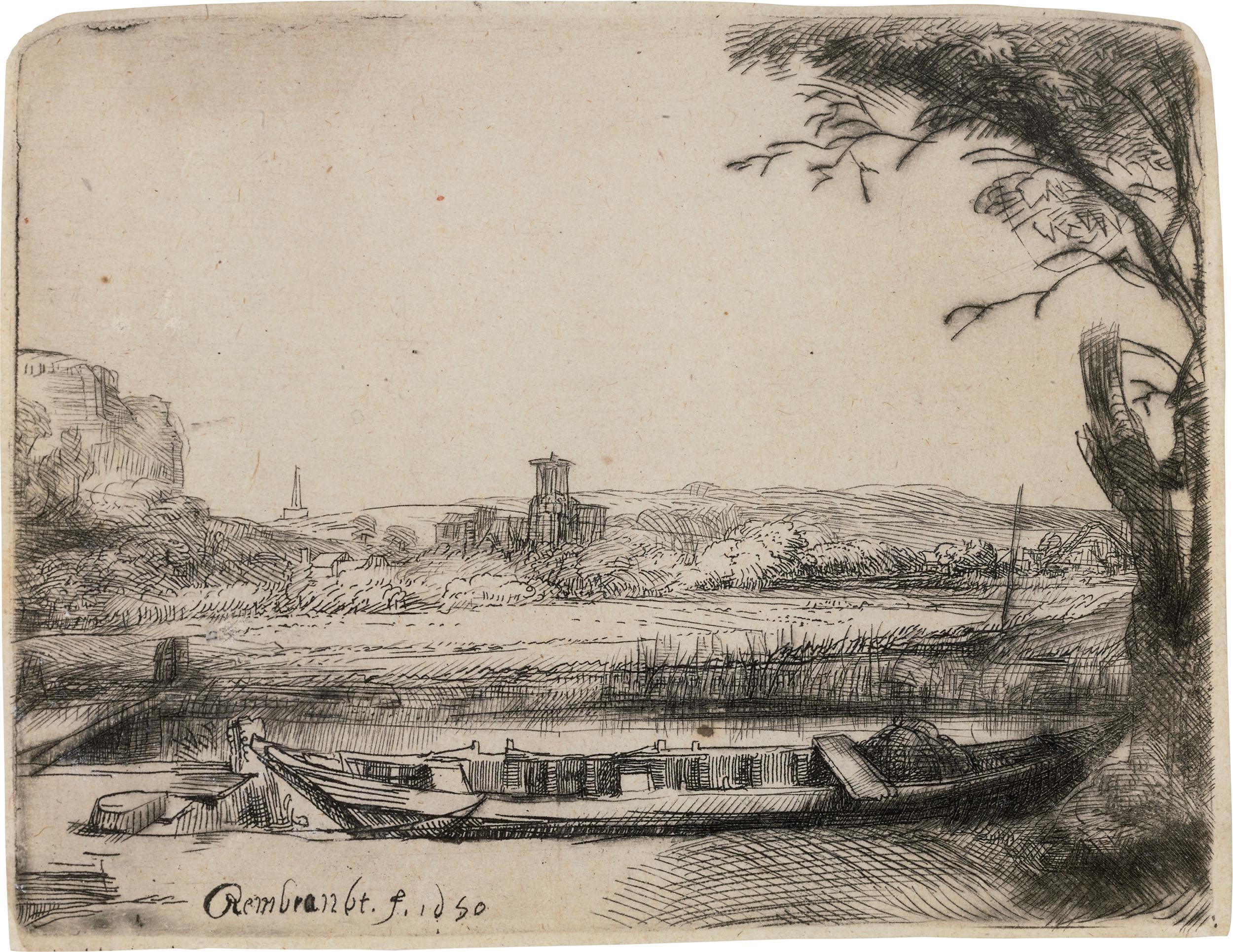 Rembrandt van Rijn Landscape Print - Canal With Large Boat And Bridge By Rembrandt Van Rijn