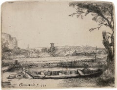 Canal With Large Boat And Bridge By Rembrandt Van Rijn