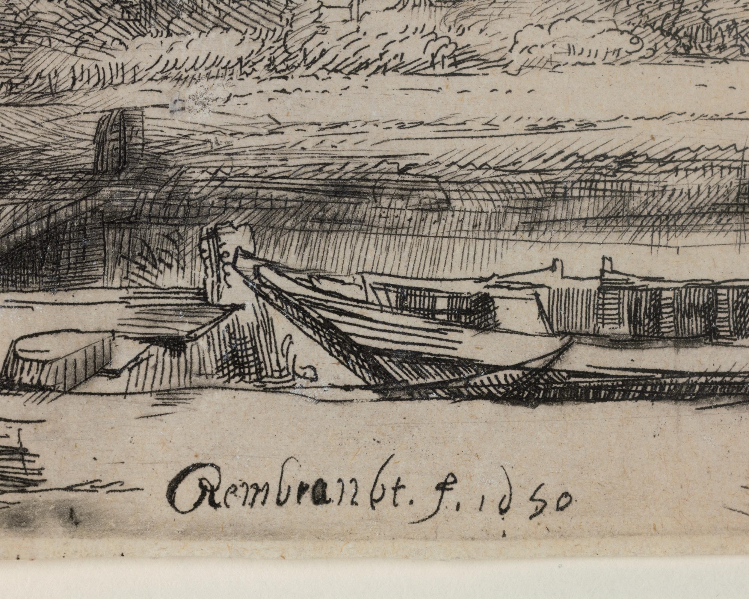 Canal avec grand bateau et pont de Rembrandt Van Rijn 1