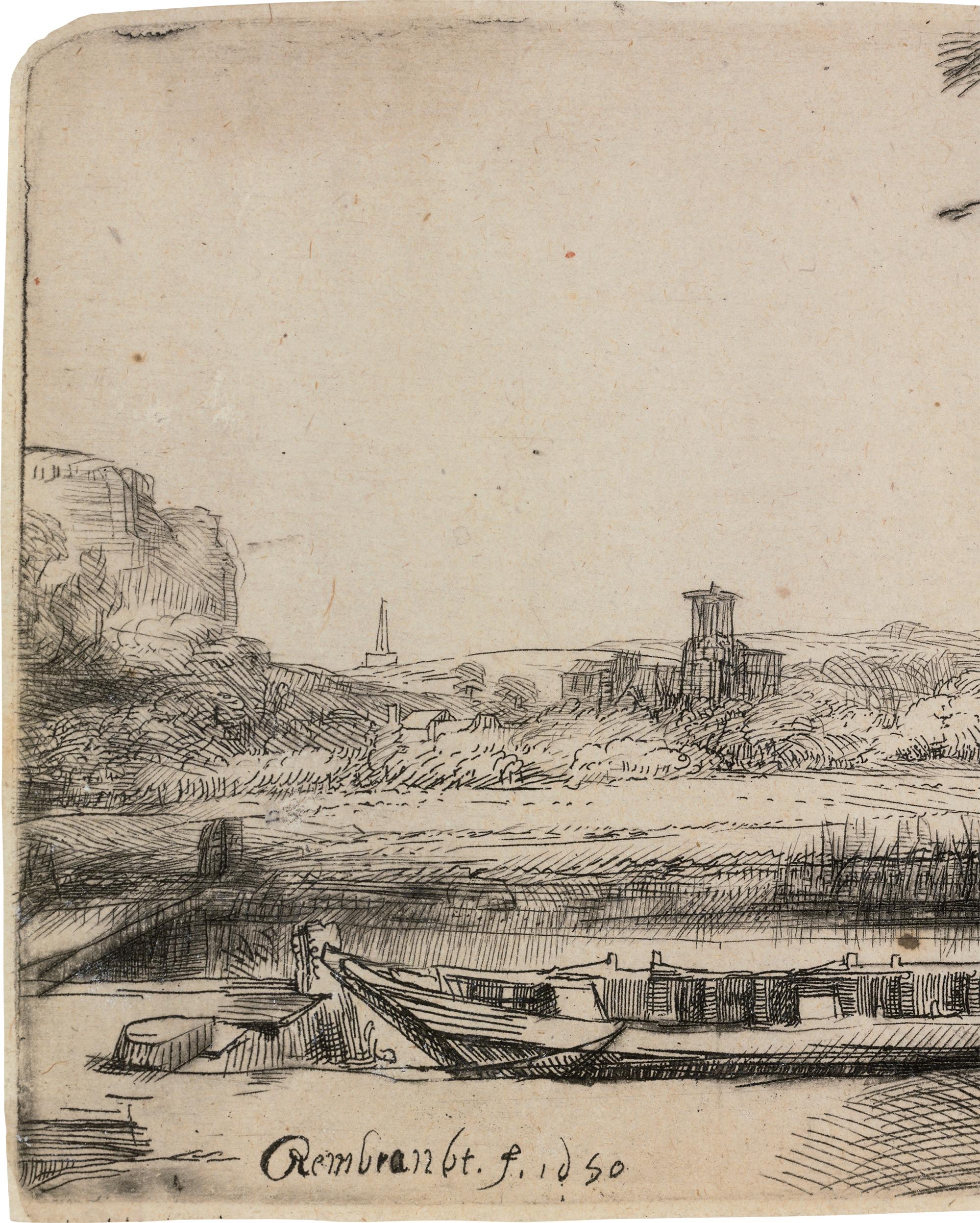 Canal avec grand bateau et pont de Rembrandt Van Rijn - Maîtres anciens Print par Rembrandt van Rijn