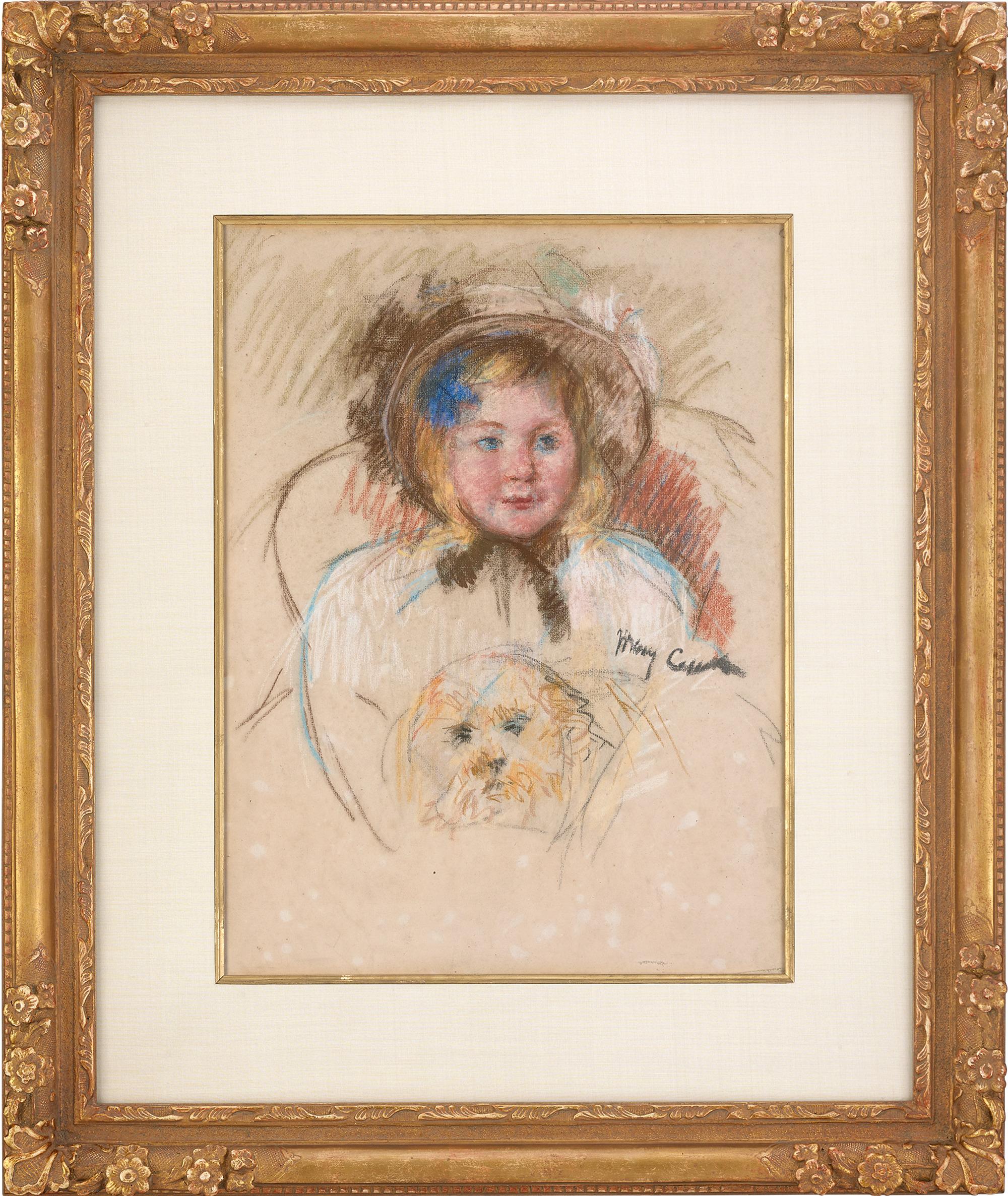 Sara in a Round-Brimmed Bonnet Holding her Dog by Mary Cassatt 1