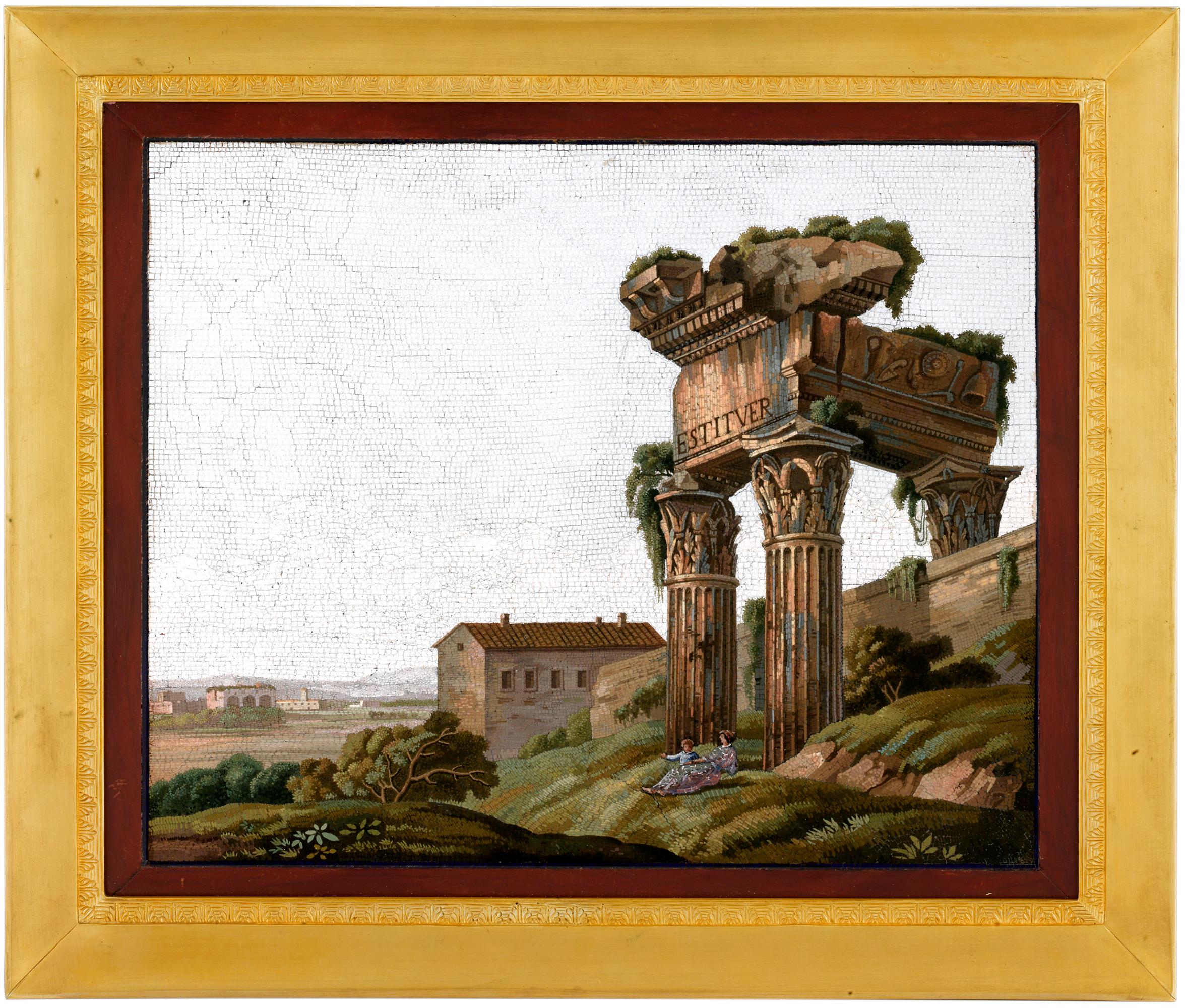 Le rovine dell'antico tempio romano di Vespasiano e Tito sono il soggetto di questo micromosaico italiano. Realizzata nei minimi dettagli, la scena è composta da centinaia di piccole tessere di vetro che sono state scelte e posizionate con cura per