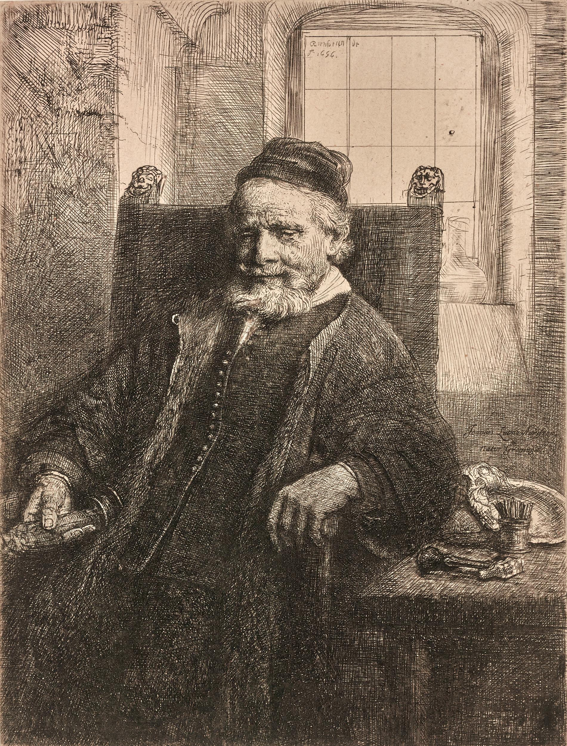 Rembrandt van Rijn
1606-1669  Dutch

Jan Lutma, The Goldsmith

Etching, engraving, and drypoint on paper
New Hollstein’s second state of five
Signed and dated “Rembrandt / F. 1656” (upper center)

This monumental etching is a highly significant work
