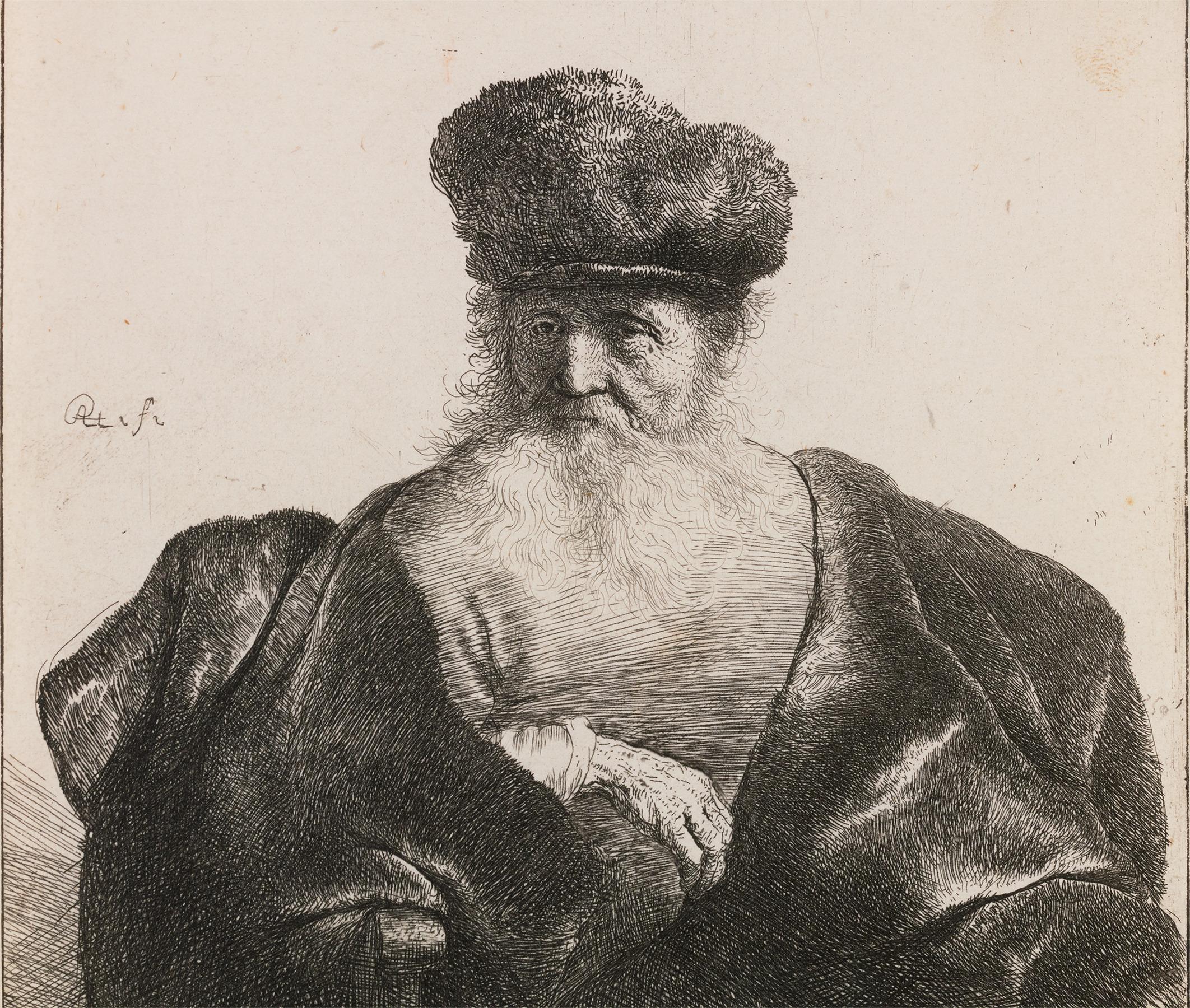 Vecchio con barba, berretto di pelliccia e mantello di velluto di Rembrandt van Rijn in vendita 2