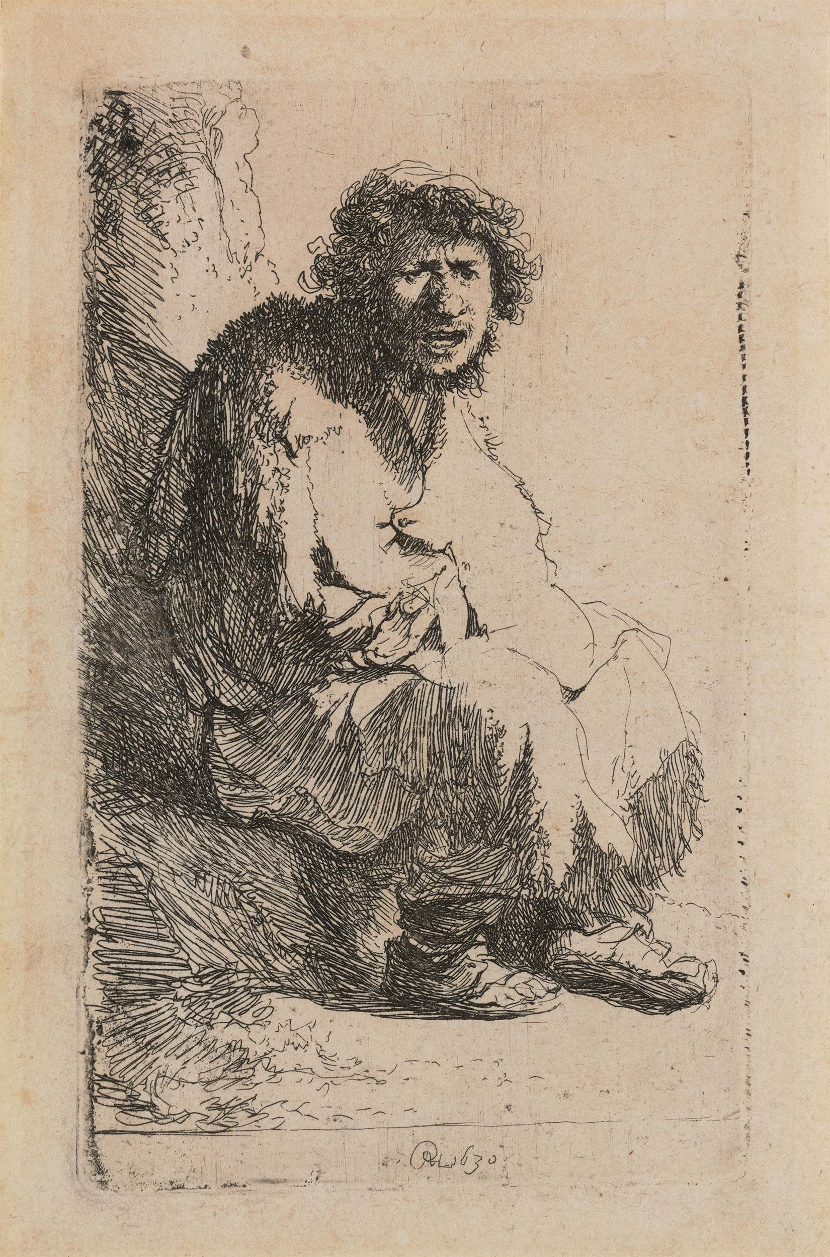 Bettler auf einer Bank sitzend von Rembrandt van Rijn