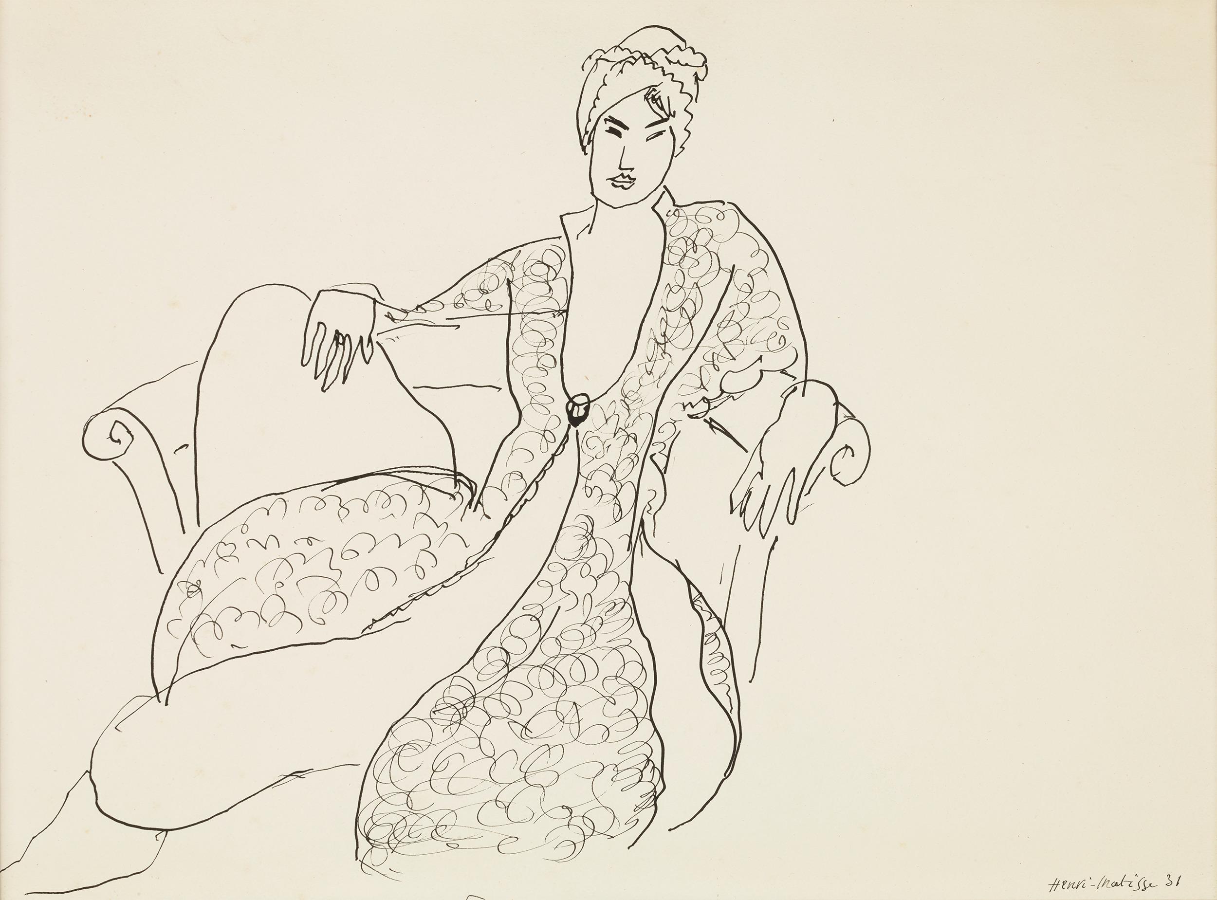 Henri Matisse
1869-1954  Français

Une femme assise sur une chaise

Signé et daté « Henri Matisse 31 » (en bas à droite)
Plume et encre sur papier

Issu de la célèbre période niçoise de l'artiste, « Femme assise sur une chaise » est un exemple