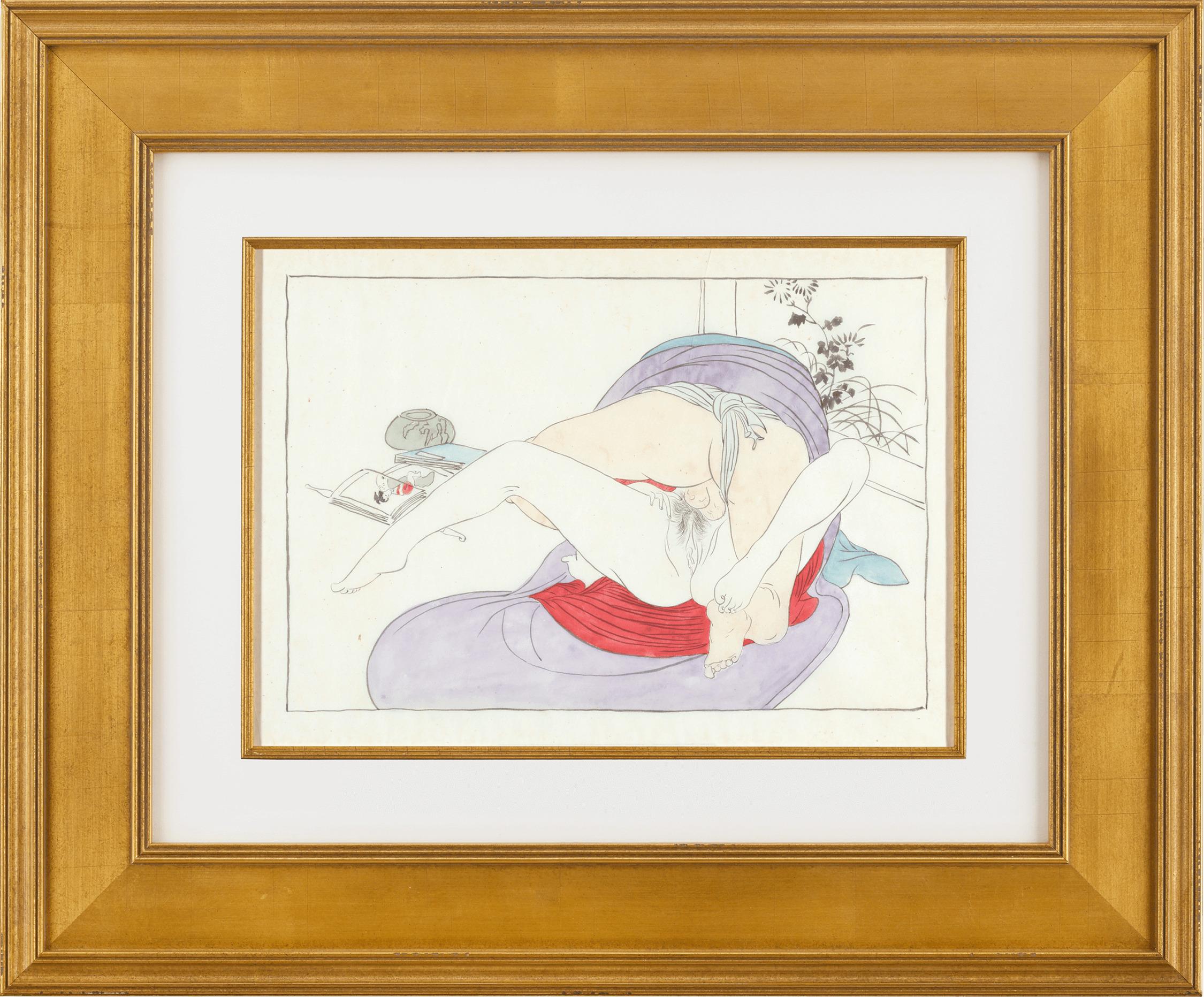 Japanese Shunga, Man and Woman Making Love - Painting by Unknown