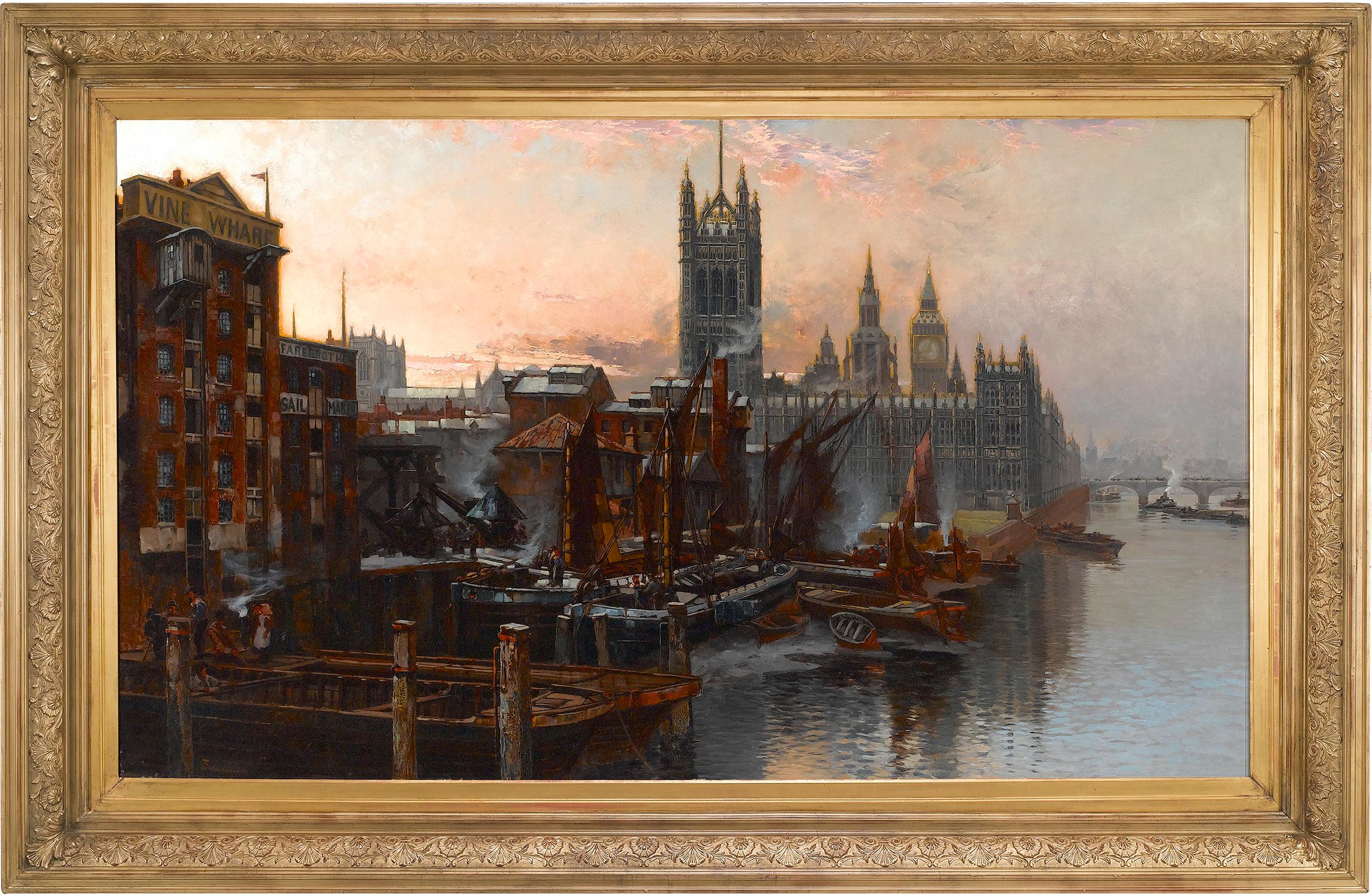 A View of the Houses of Parliament from the Thames, London - Painting by Thomas Greenhalgh