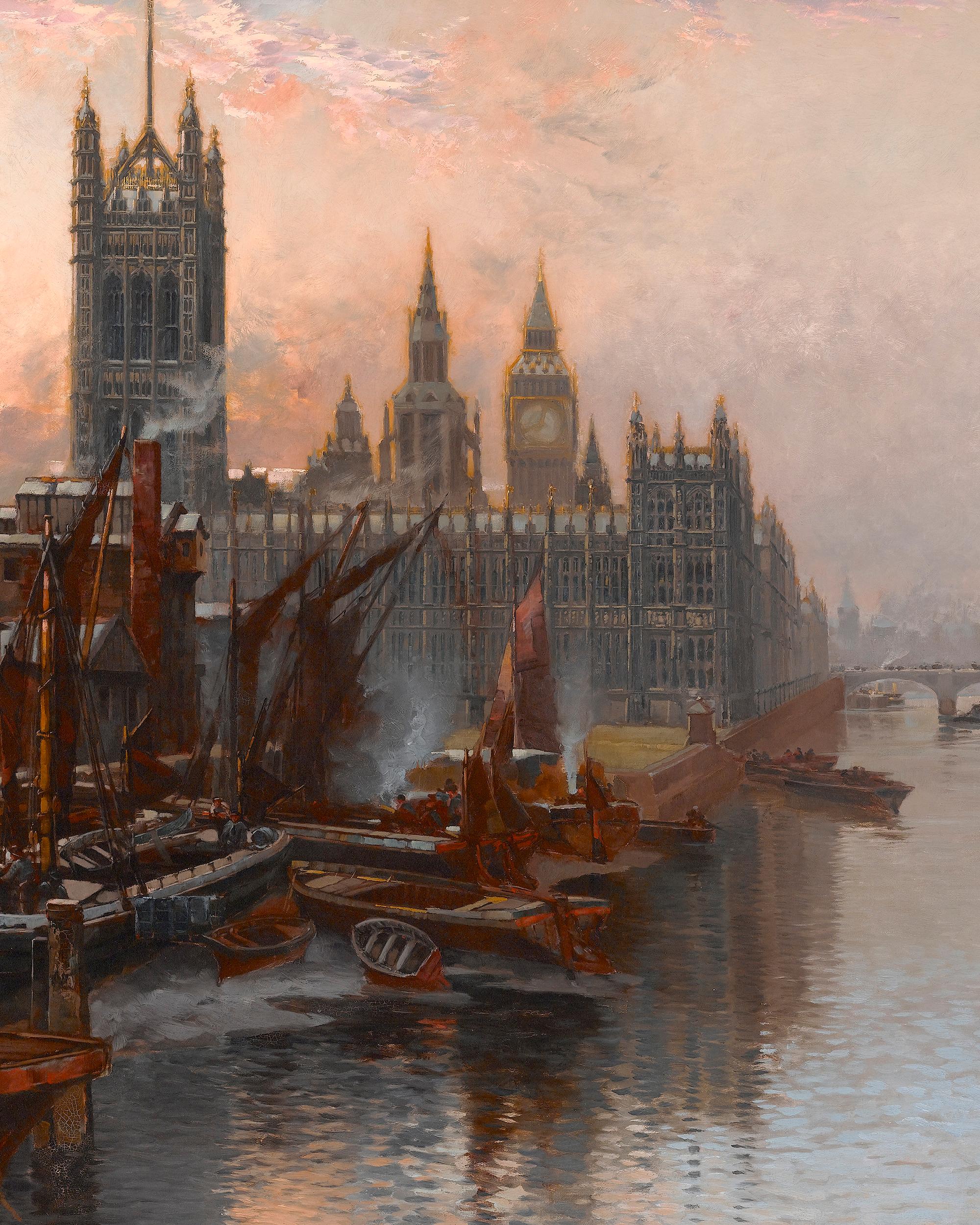 A View of the Houses of Parliament from the Thames, London - Black Landscape Painting by Thomas Greenhalgh