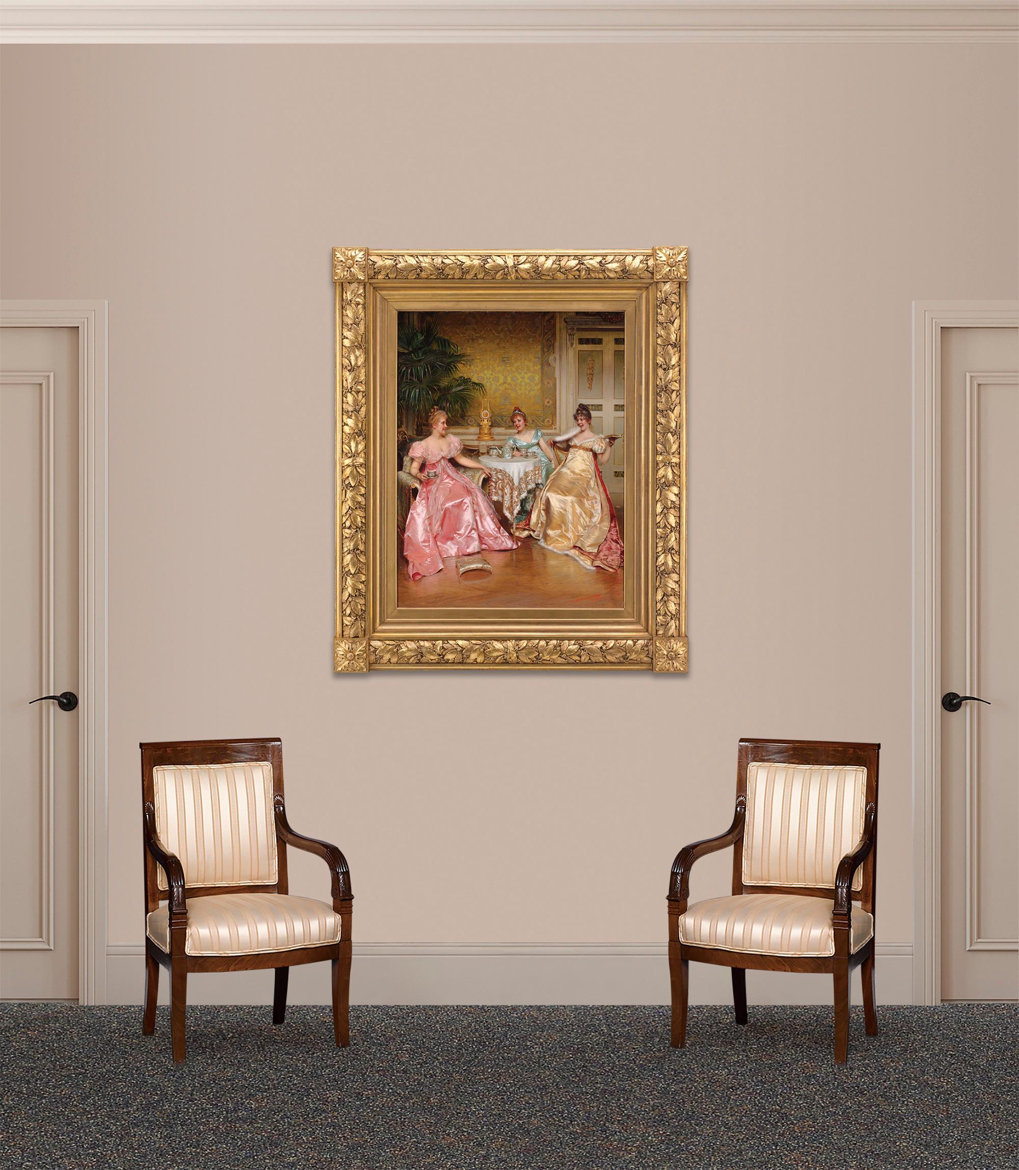 A charming threesome sits down for afternoon tea in this work by renowned costume painter Charles-Joseph-Frédéric Soulacroix. A master at depicting the silks and satins so popular among the fashionable elite of his age, Soulacroix has attired his