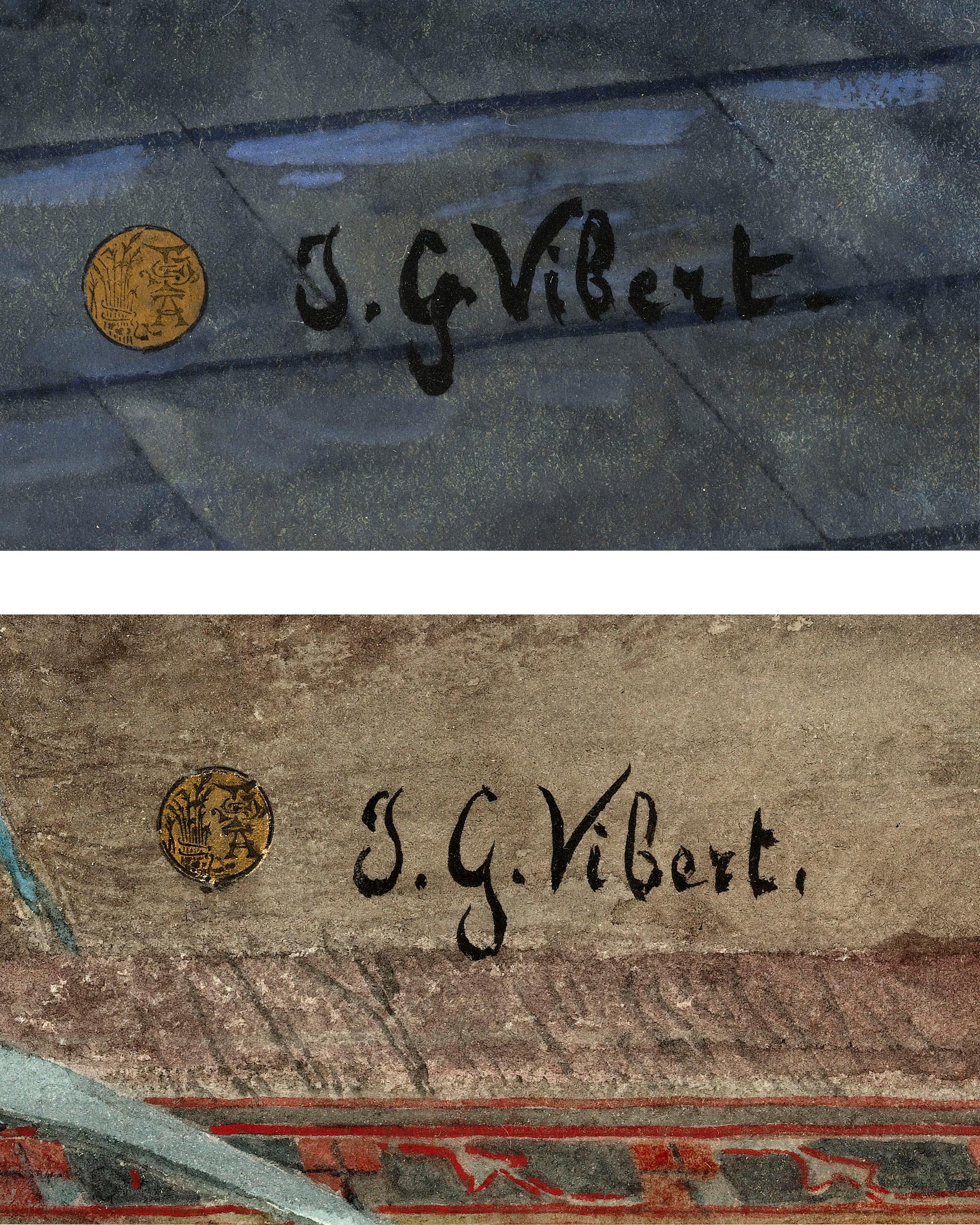 The Peeping Roofers and The Woman’s Bath

Watercolor and gouache on paper
Each signed “J.G. Vibert” and stamped with the mark of the Société d’Aquarellistes Français (lower left and lower right)

Commissioned by American railroad and shipping