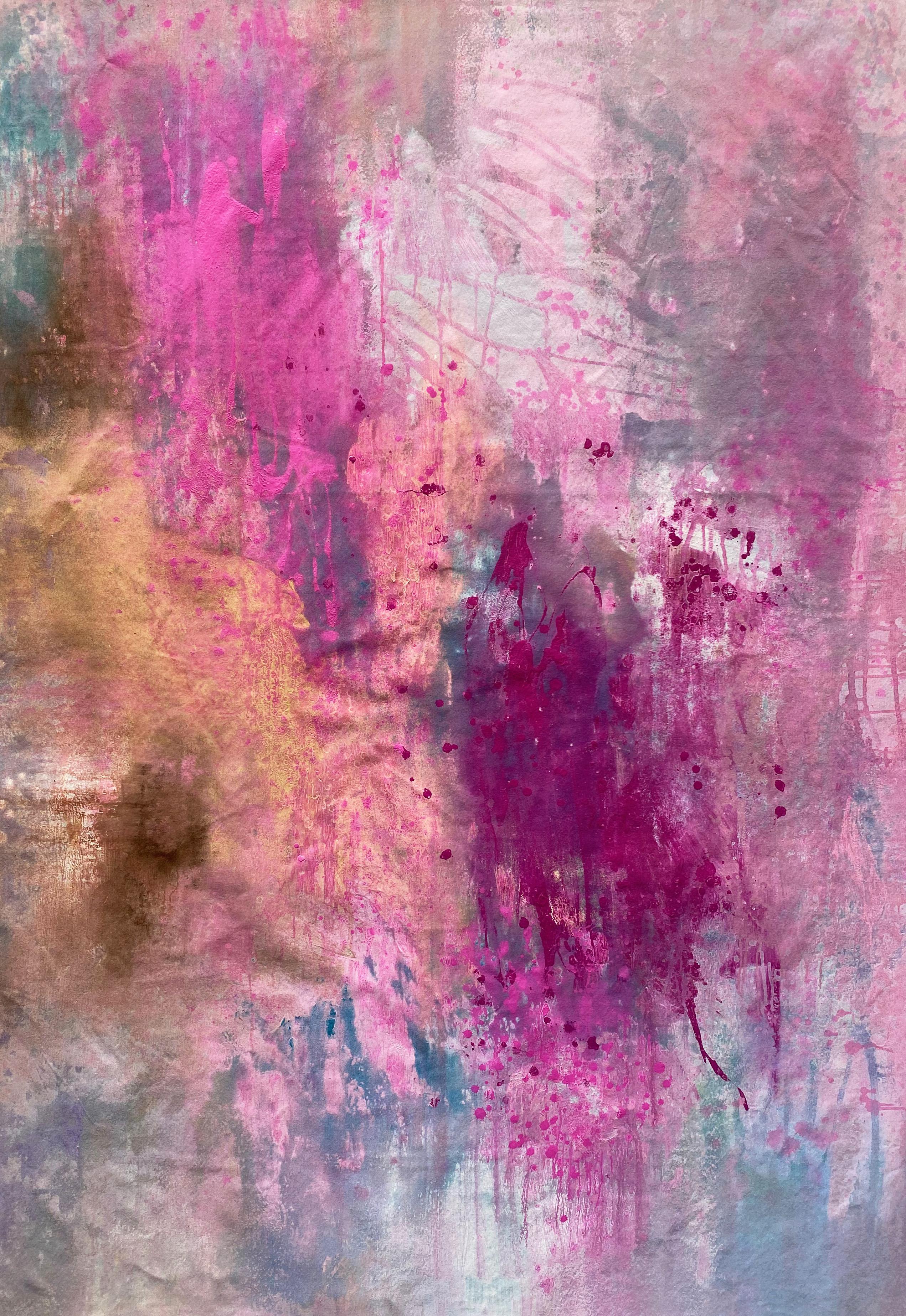 Kathleen Rhee Abstract Drawing – Mehr Champagner, großes abstraktes Gemälde in Rosa, Weingrau, Hellbraun und Pfirsich