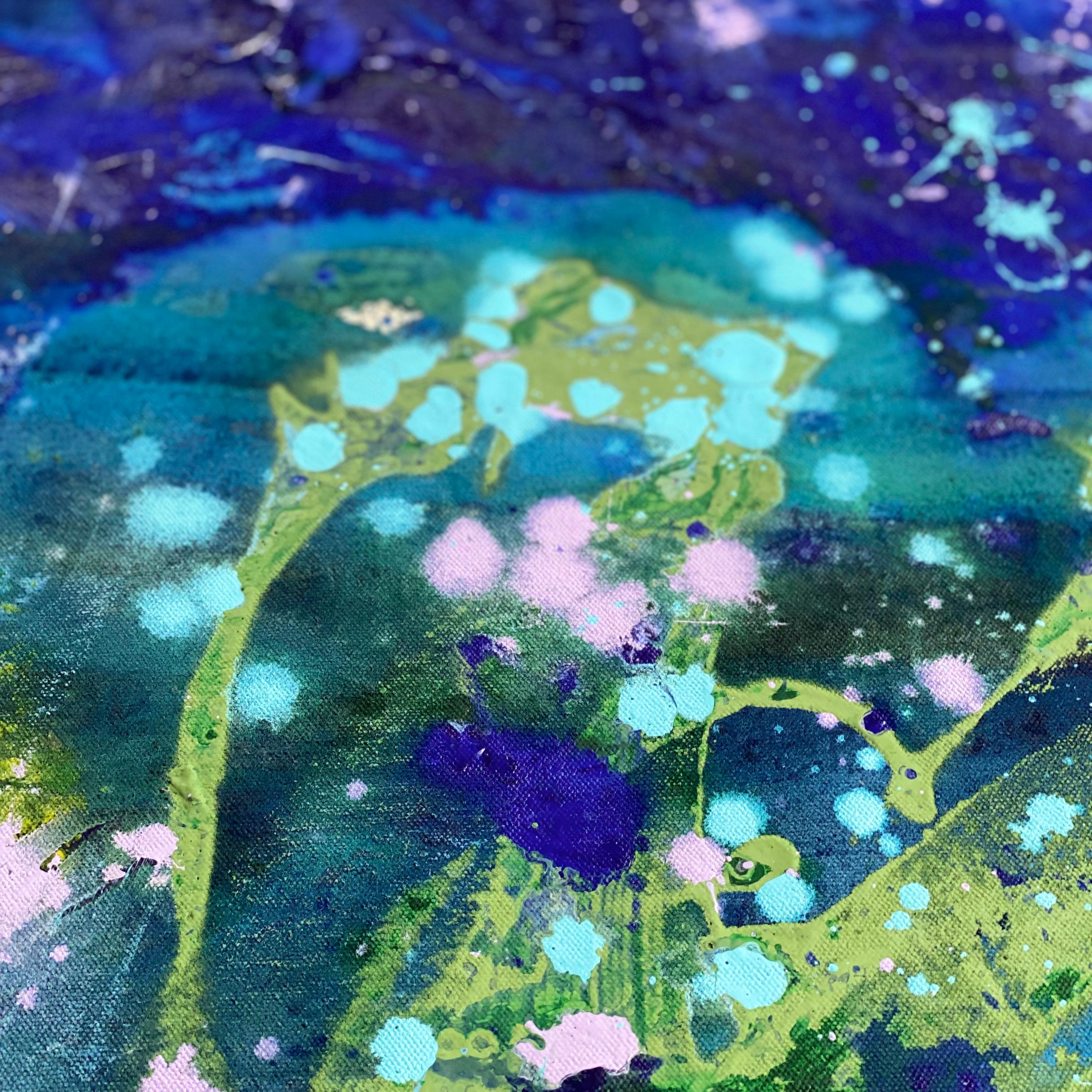 Lets Dance - Grande peinture d'art abstraite sur toile bleu, rose et vert lilas en vente 1