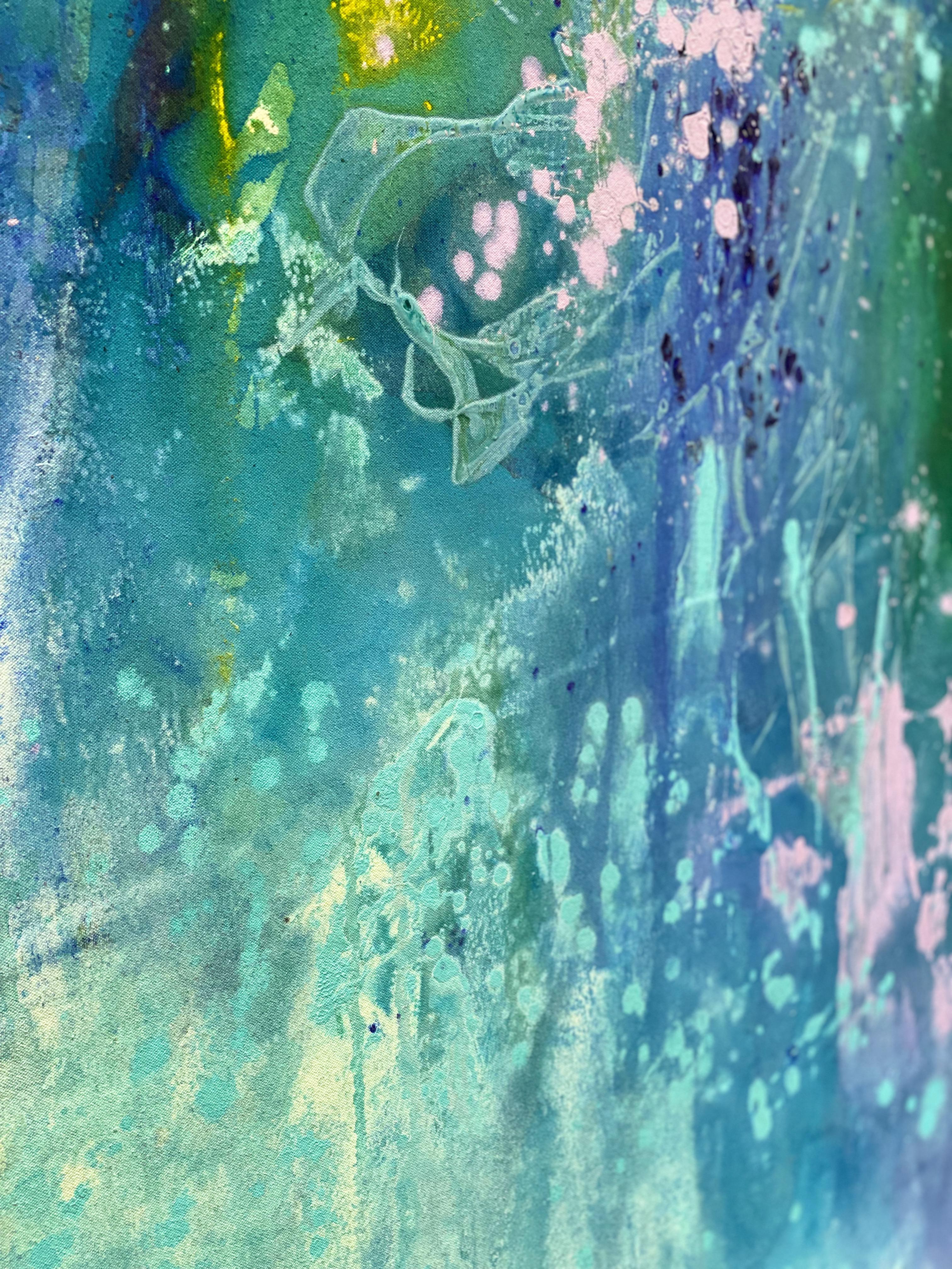 Lets Dance - Grande peinture d'art abstraite sur toile bleu, rose et vert lilas en vente 3