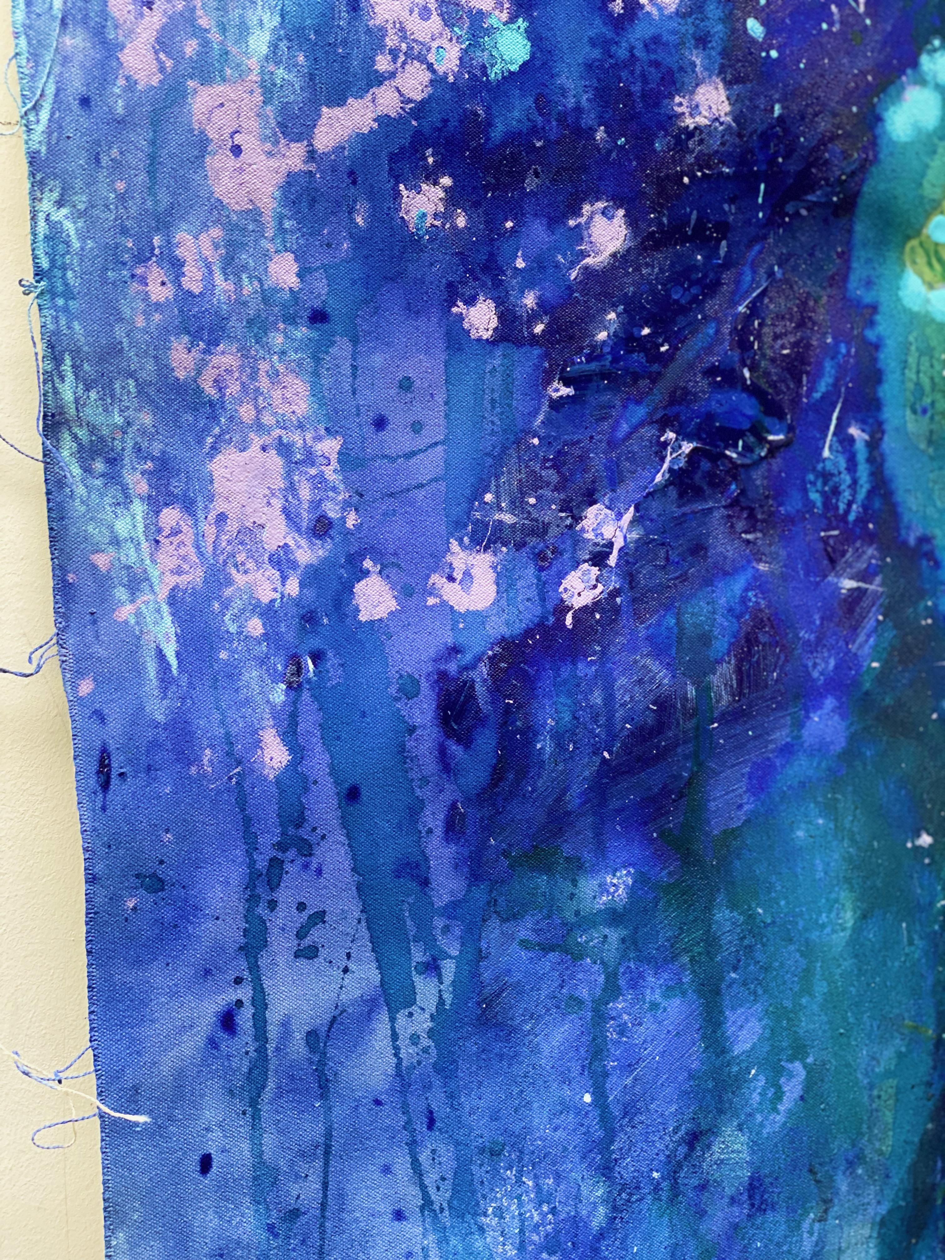 Lets Dance - Grande peinture d'art abstraite sur toile bleu, rose et vert lilas en vente 4