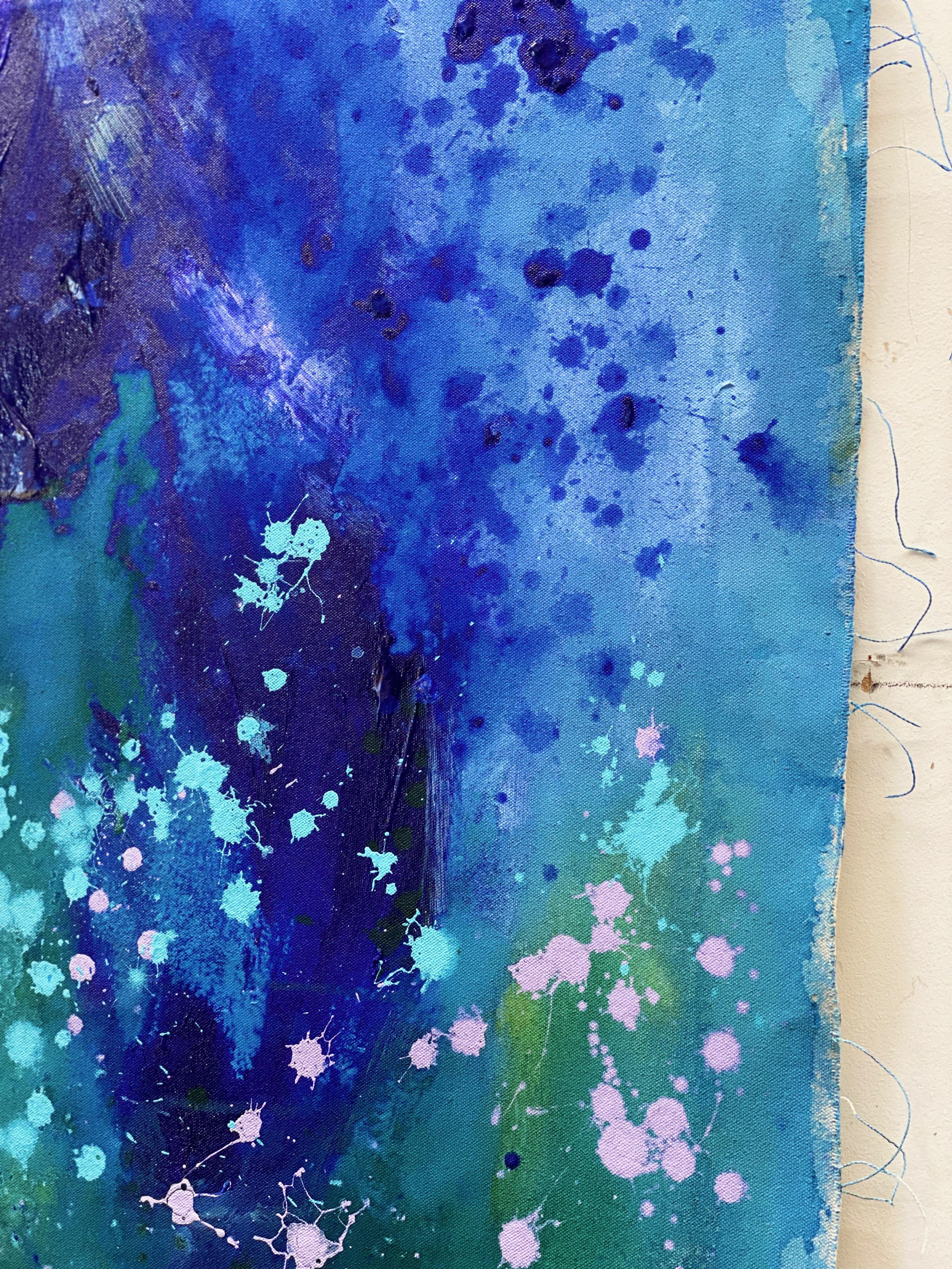 Lets Dance - Grande peinture d'art abstraite sur toile bleu, rose et vert lilas en vente 8