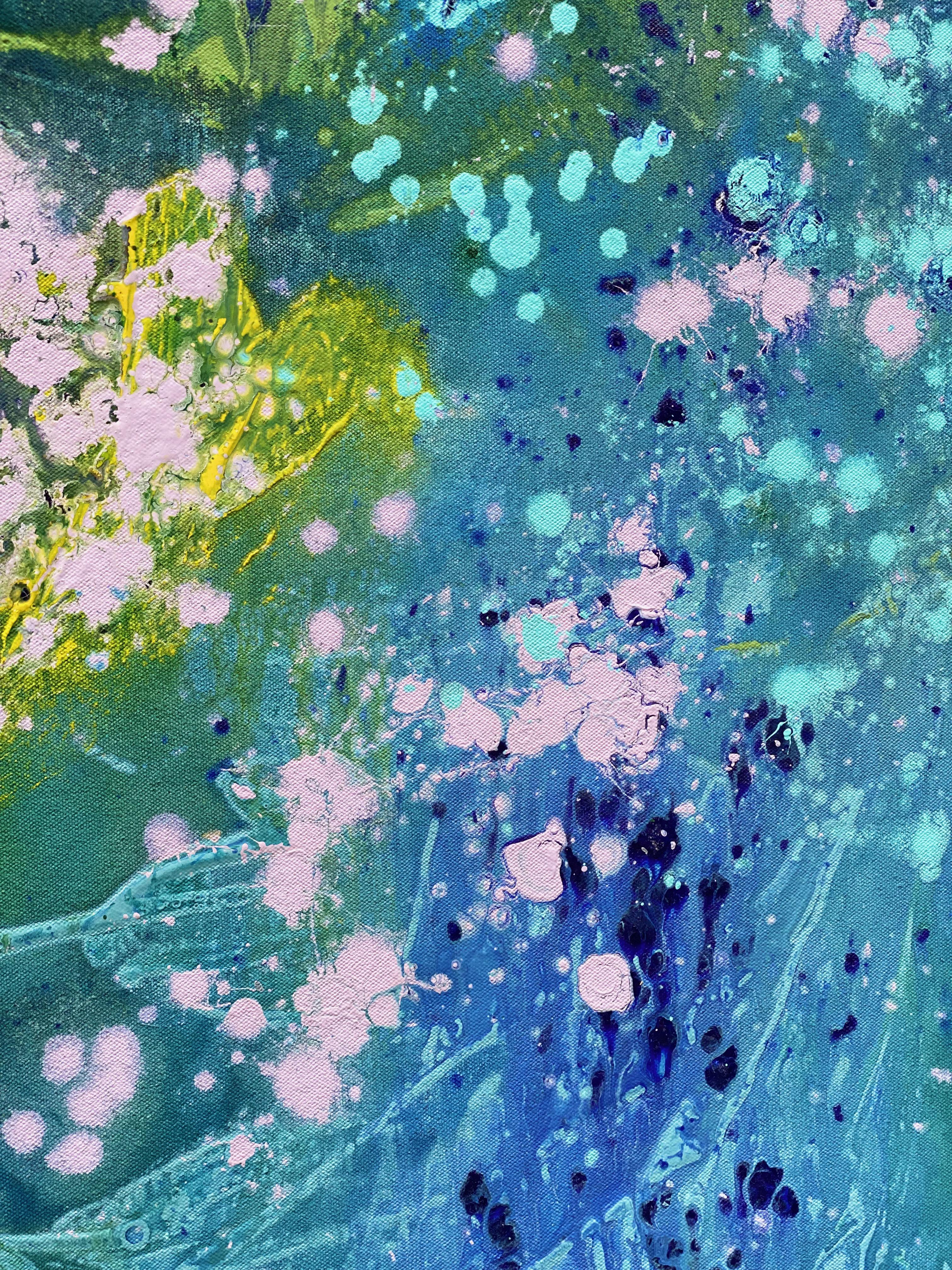 Lets Dance - Grande peinture d'art abstraite sur toile bleu, rose et vert lilas en vente 5