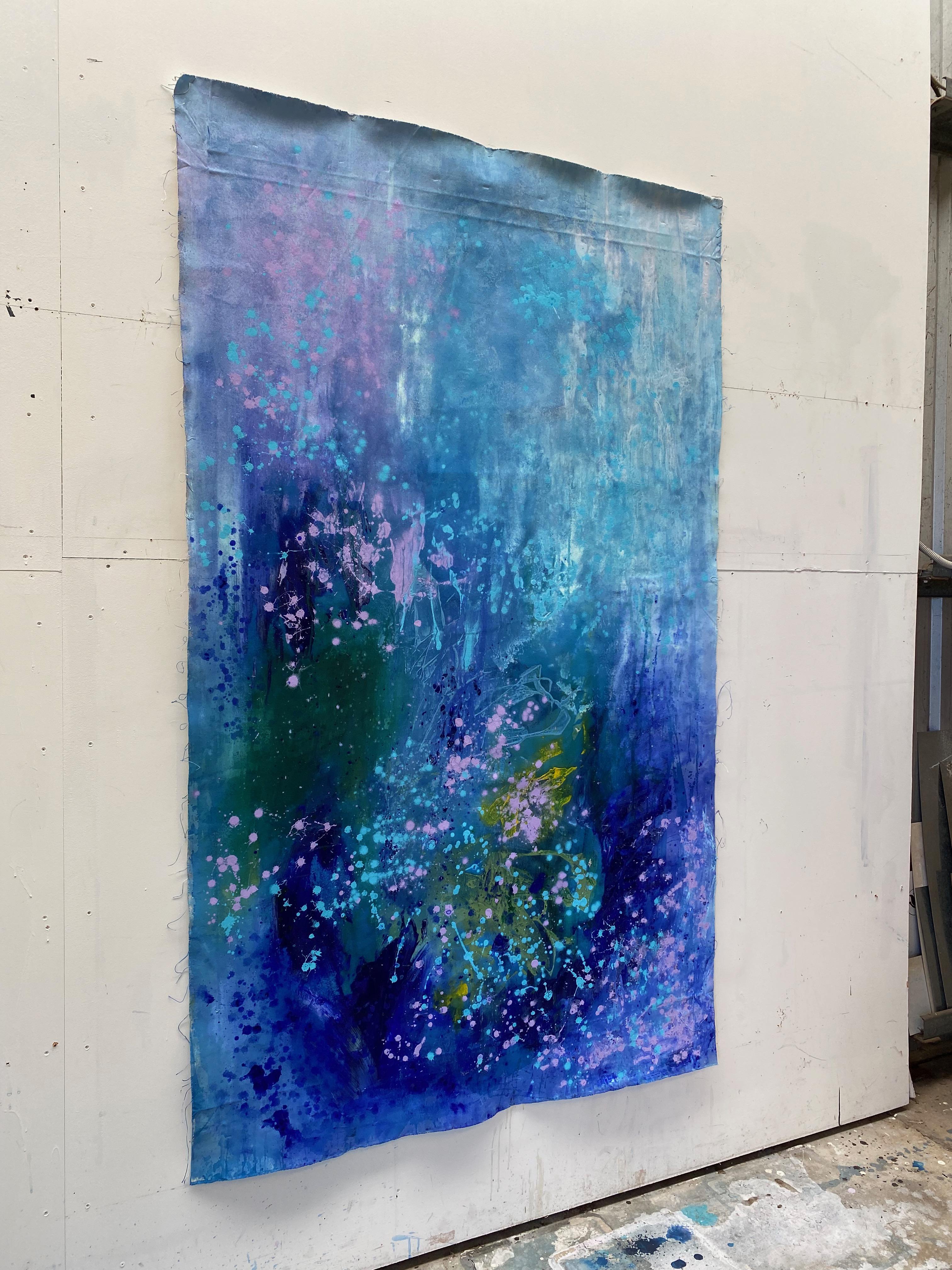 Lets Dance - Grande peinture d'art abstraite sur toile bleu, rose et vert lilas en vente 10