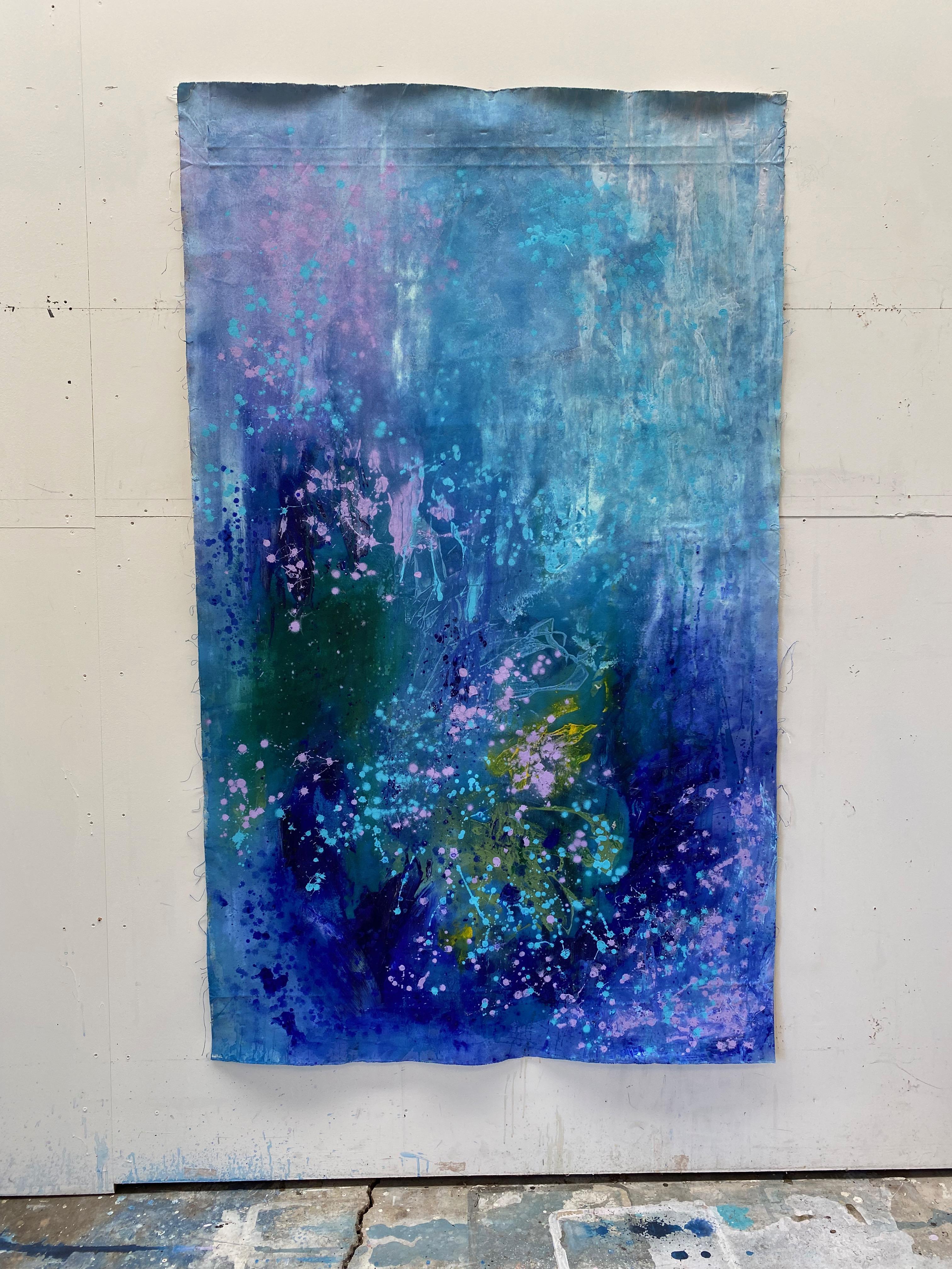 Lets Dance - Grande peinture d'art abstraite sur toile bleu, rose et vert lilas - Bleu Abstract Drawing par Kathleen Rhee