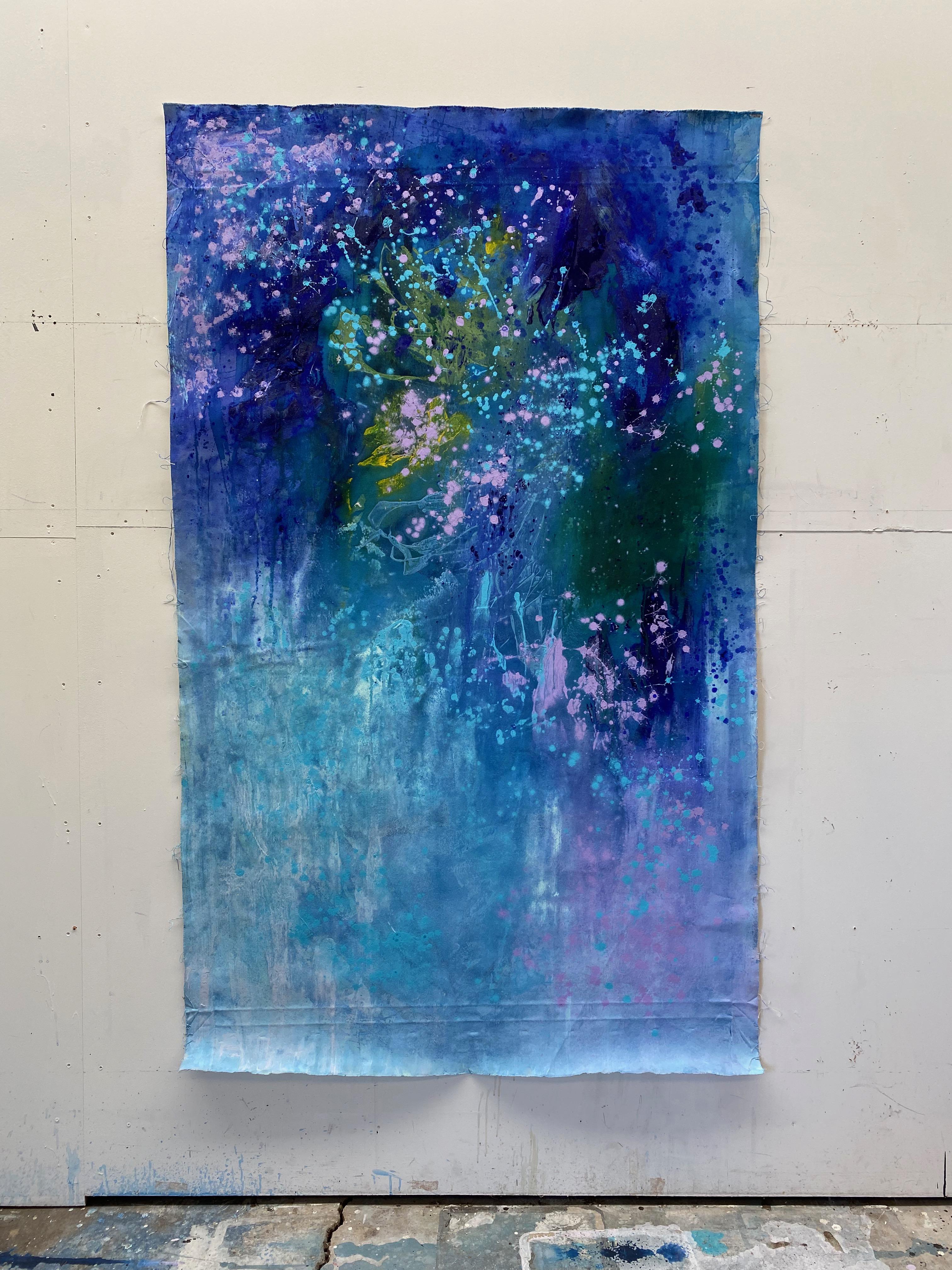 Lets Dance - Grande peinture d'art abstraite sur toile bleu, rose et vert lilas en vente 12