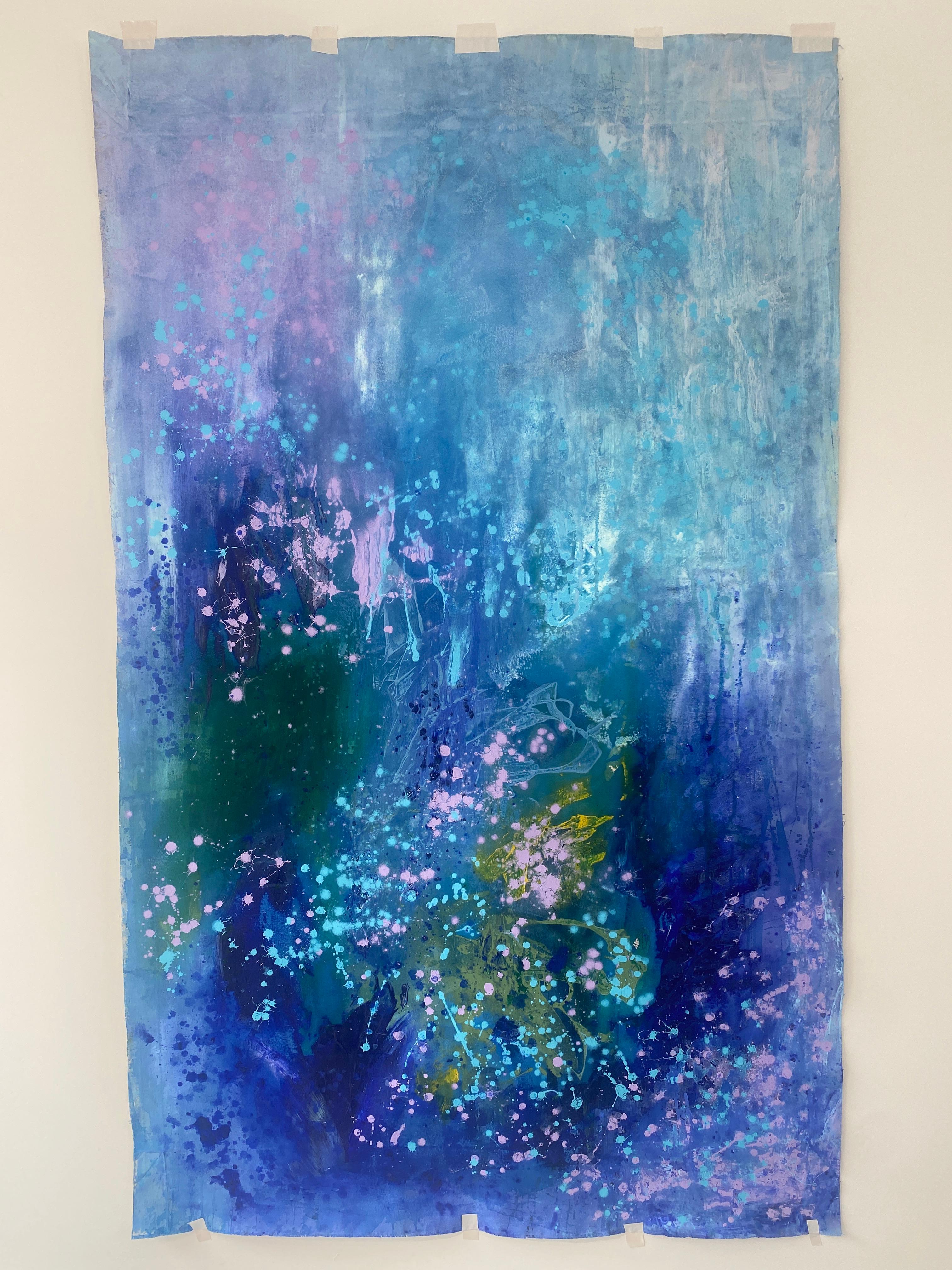 Lets Dance - Grande peinture d'art abstraite sur toile bleu, rose et vert lilas en vente 14