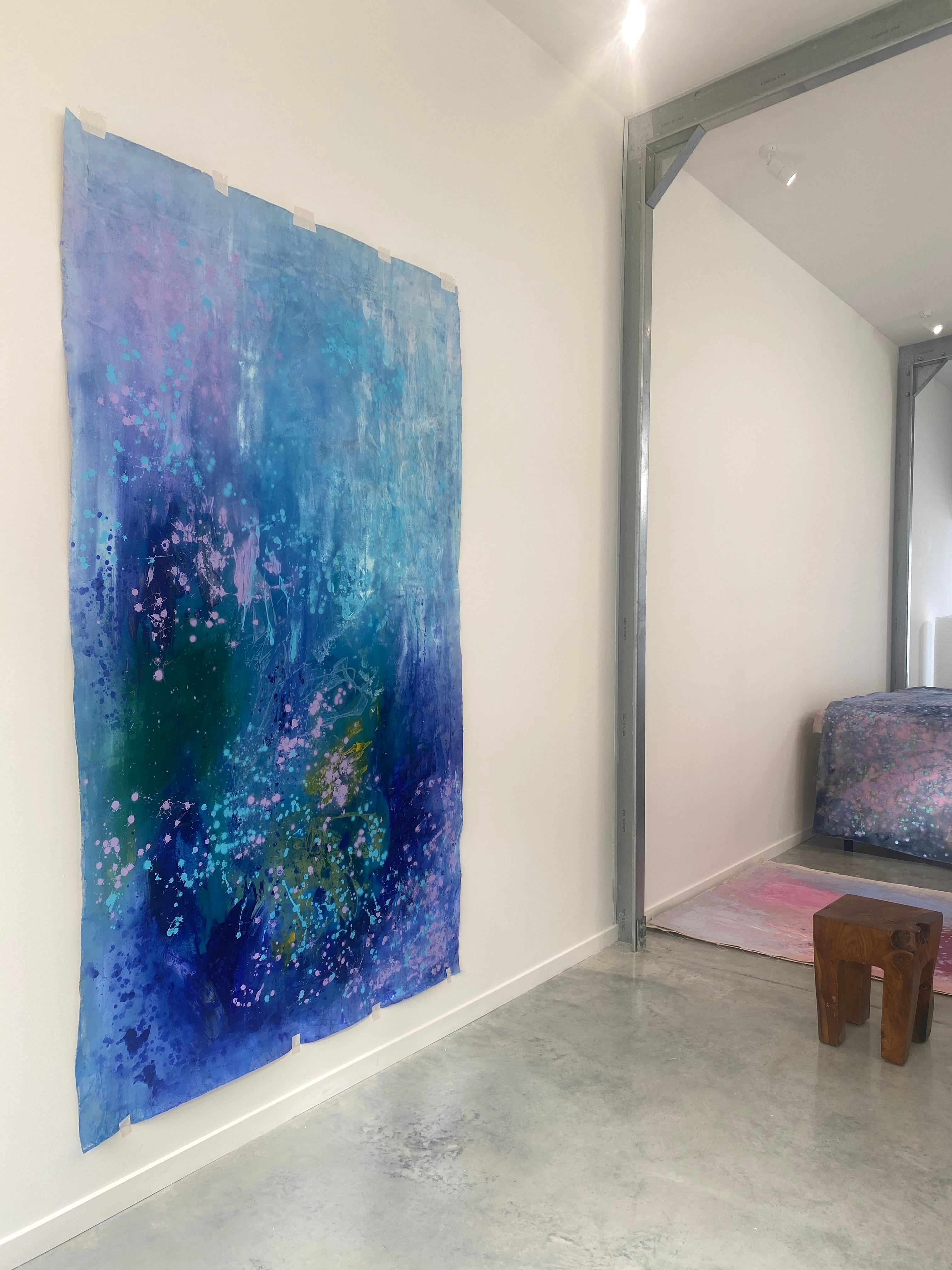 Lets Dance - Grande peinture d'art abstraite sur toile bleu, rose et vert lilas en vente 15