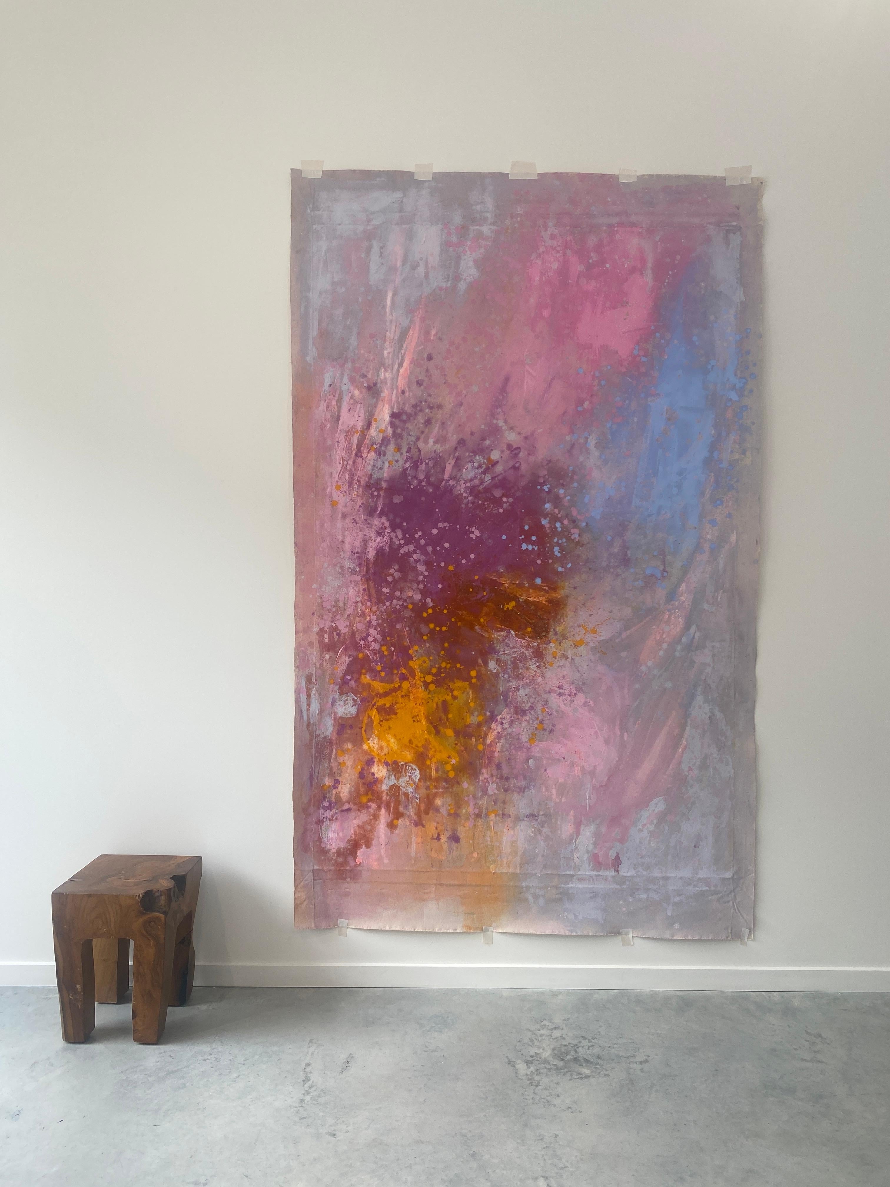 Marigold Wedding - Grande peinture d'art abstraite sur toile orange-rose  - Marron Abstract Drawing par Kathleen Rhee