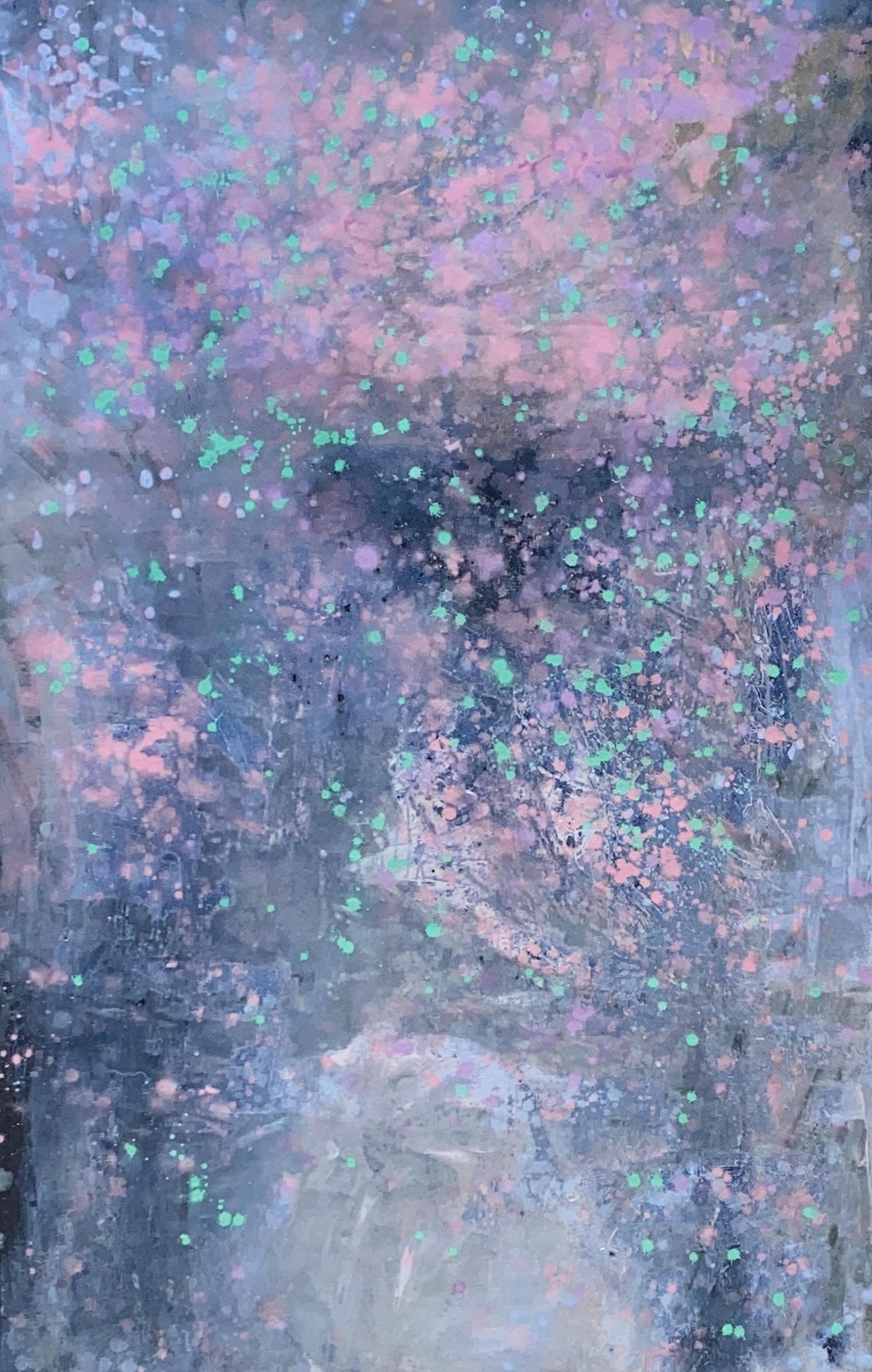 Kathleen Rhee Abstract Drawing – Milky Way, großes abstraktes Gemälde auf Leinwand in Blau, Grau, Rosa und Aqua