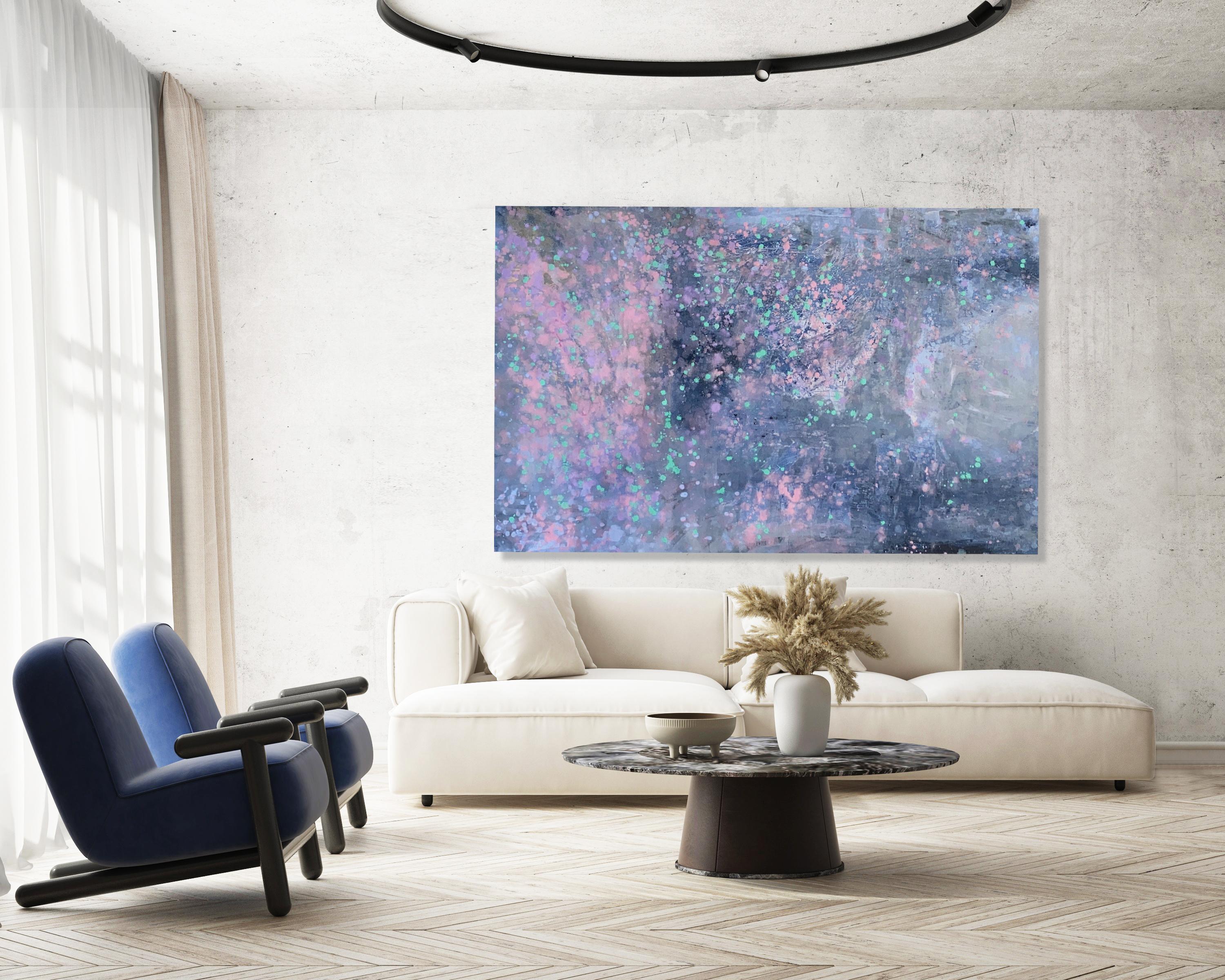 Peinture d'art abstraite sur toile bleue, grise et rose - Milky Way - Grande déclaration - Art de Kathleen Rhee