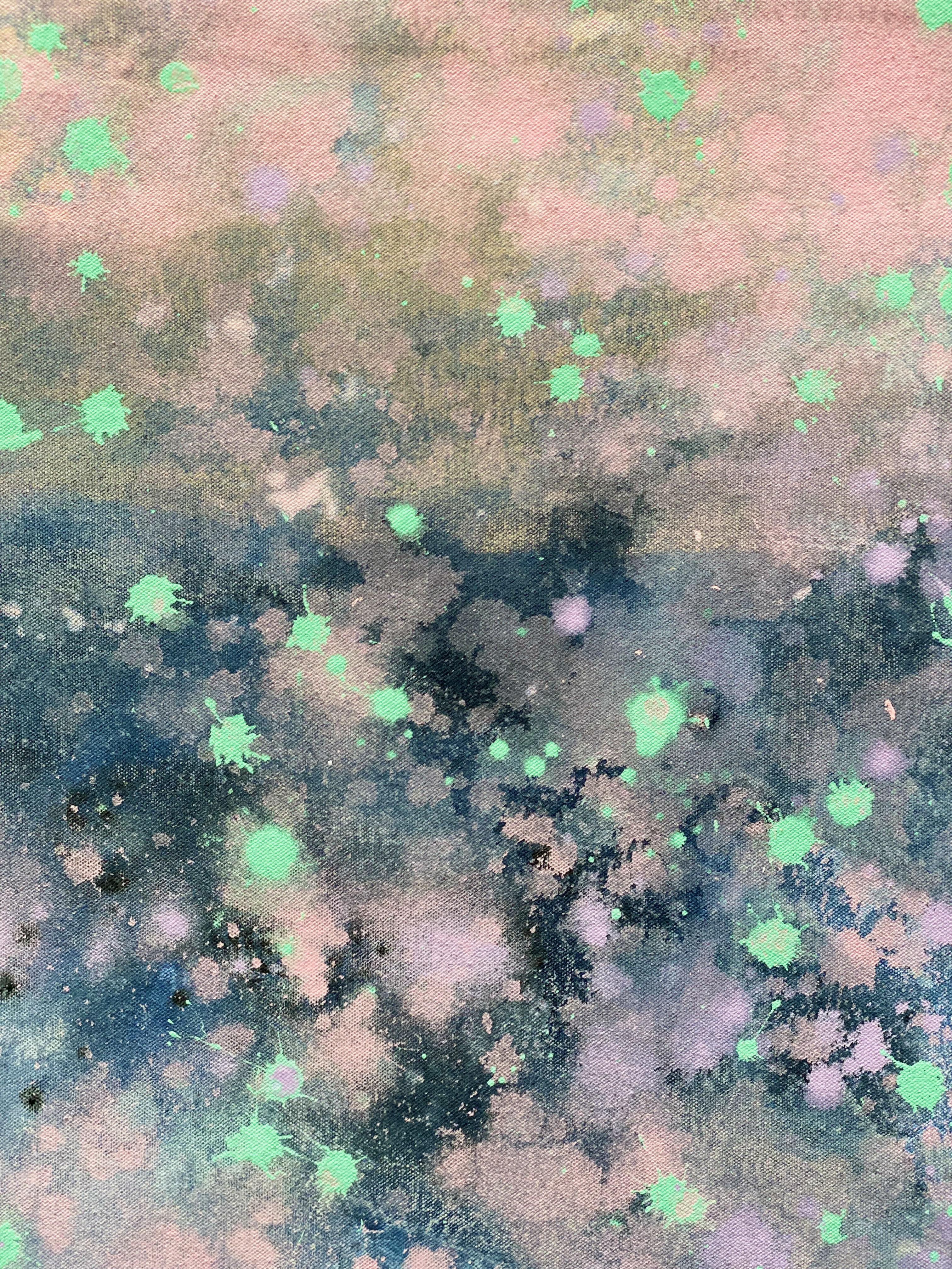 Peinture d'art abstraite sur toile bleue, grise et rose - Milky Way - Grande déclaration en vente 8