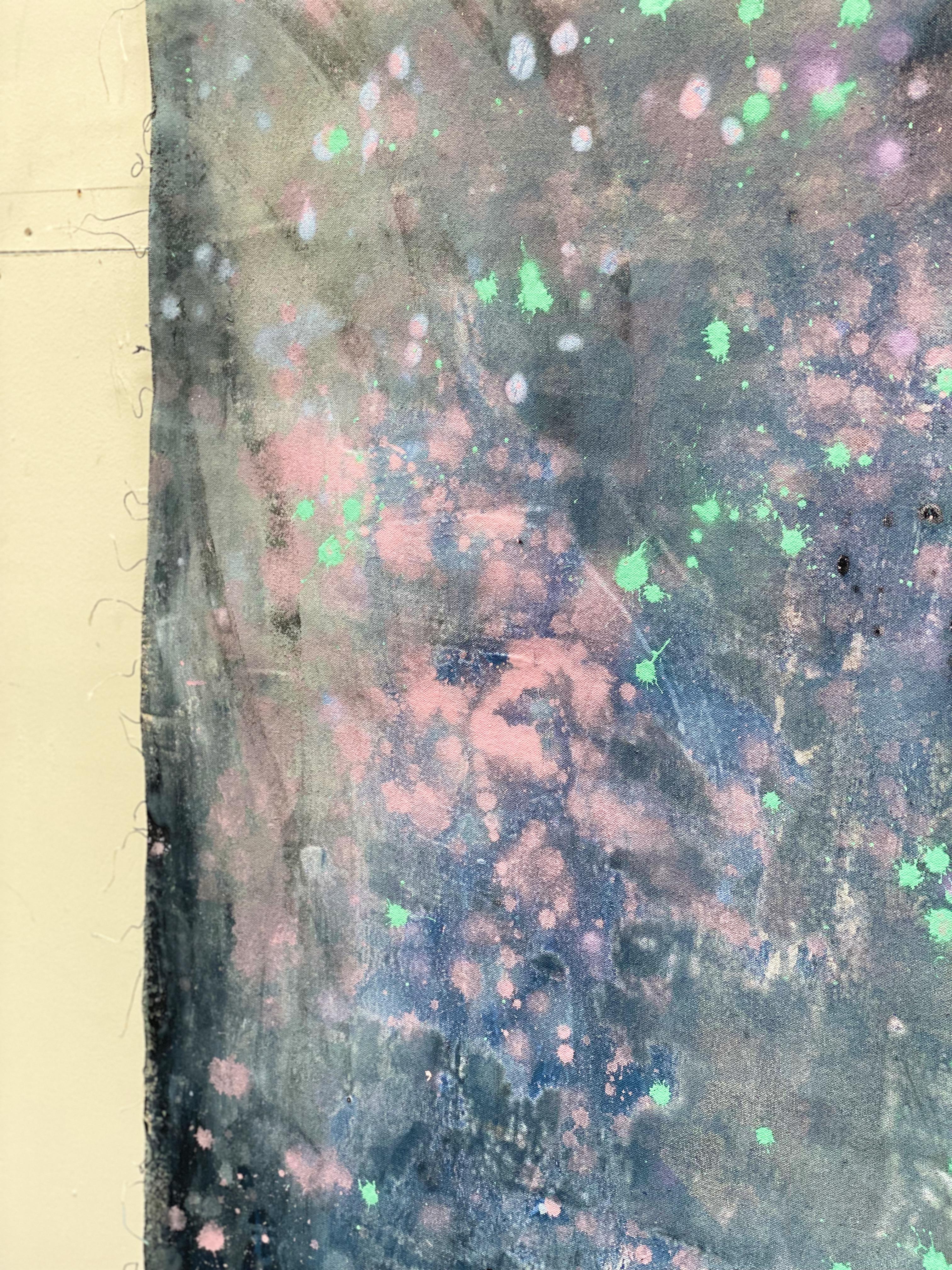 Peinture d'art abstraite sur toile bleue, grise et rose - Milky Way - Grande déclaration en vente 13