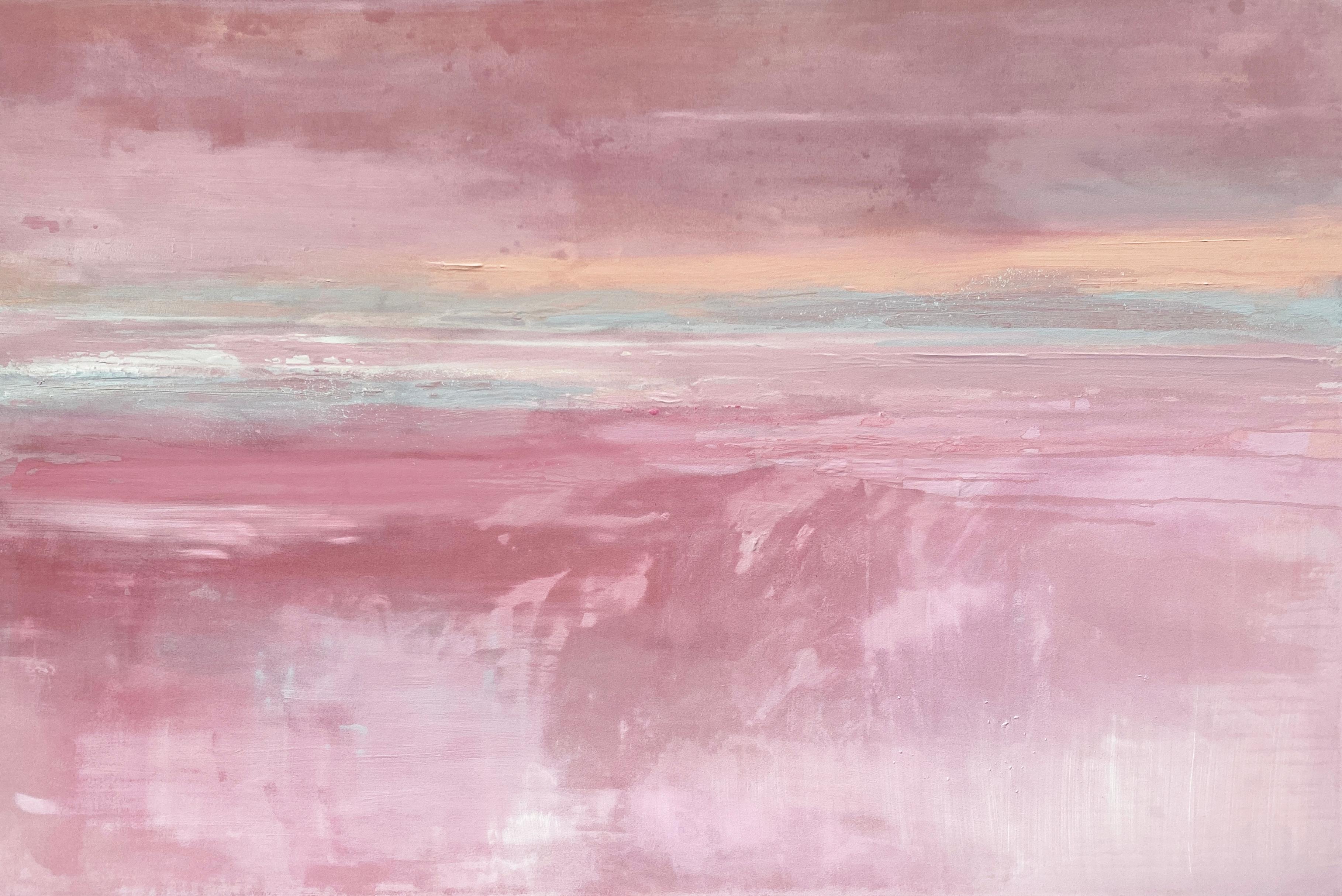 Kathleen Rhee Abstract Painting - Large pink abstract impressionist minimalist landscape pink grey white peach