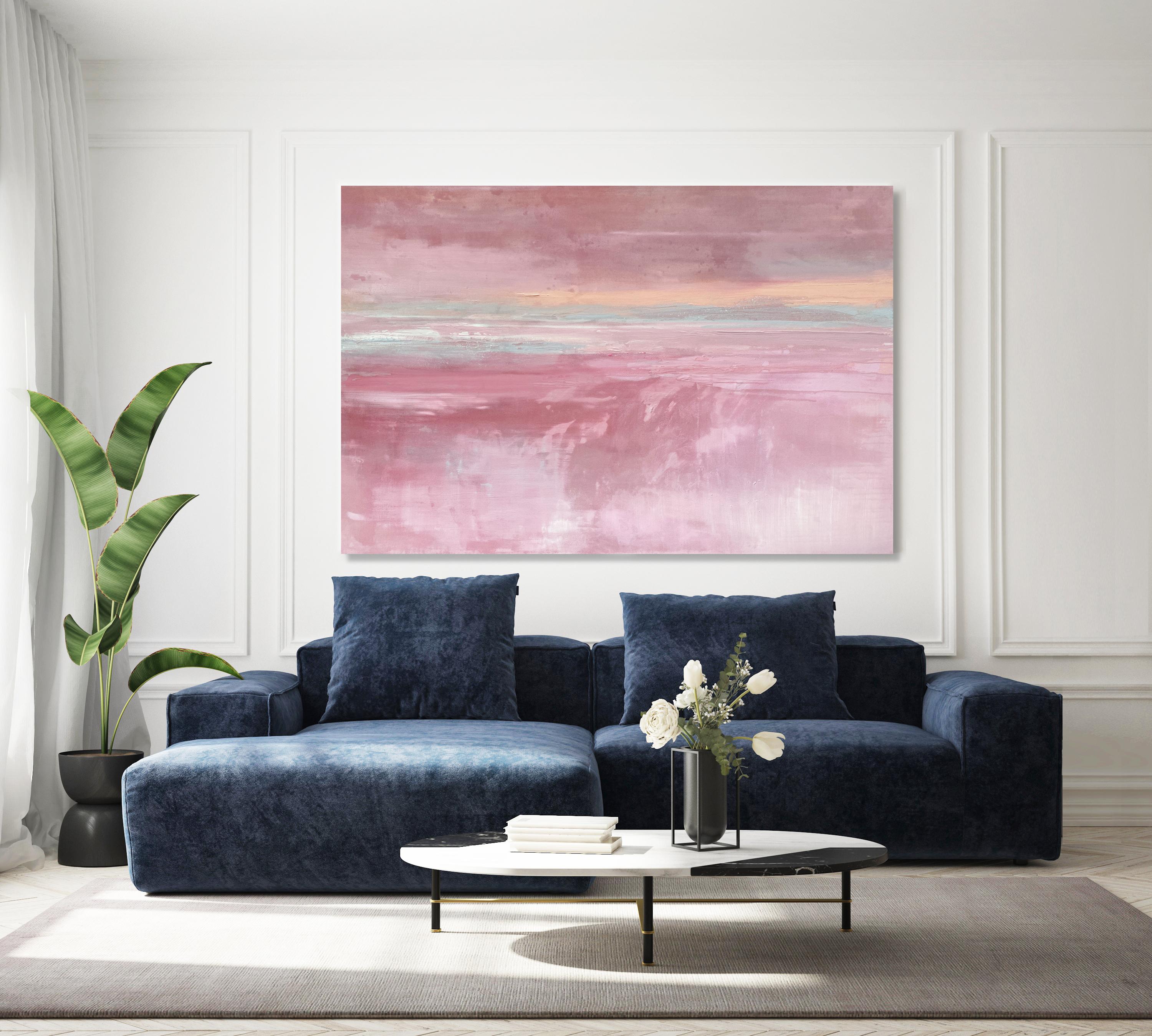 Large pink abstract impressionist minimalist landscape pink grey white peach - Painting by Kathleen Rhee