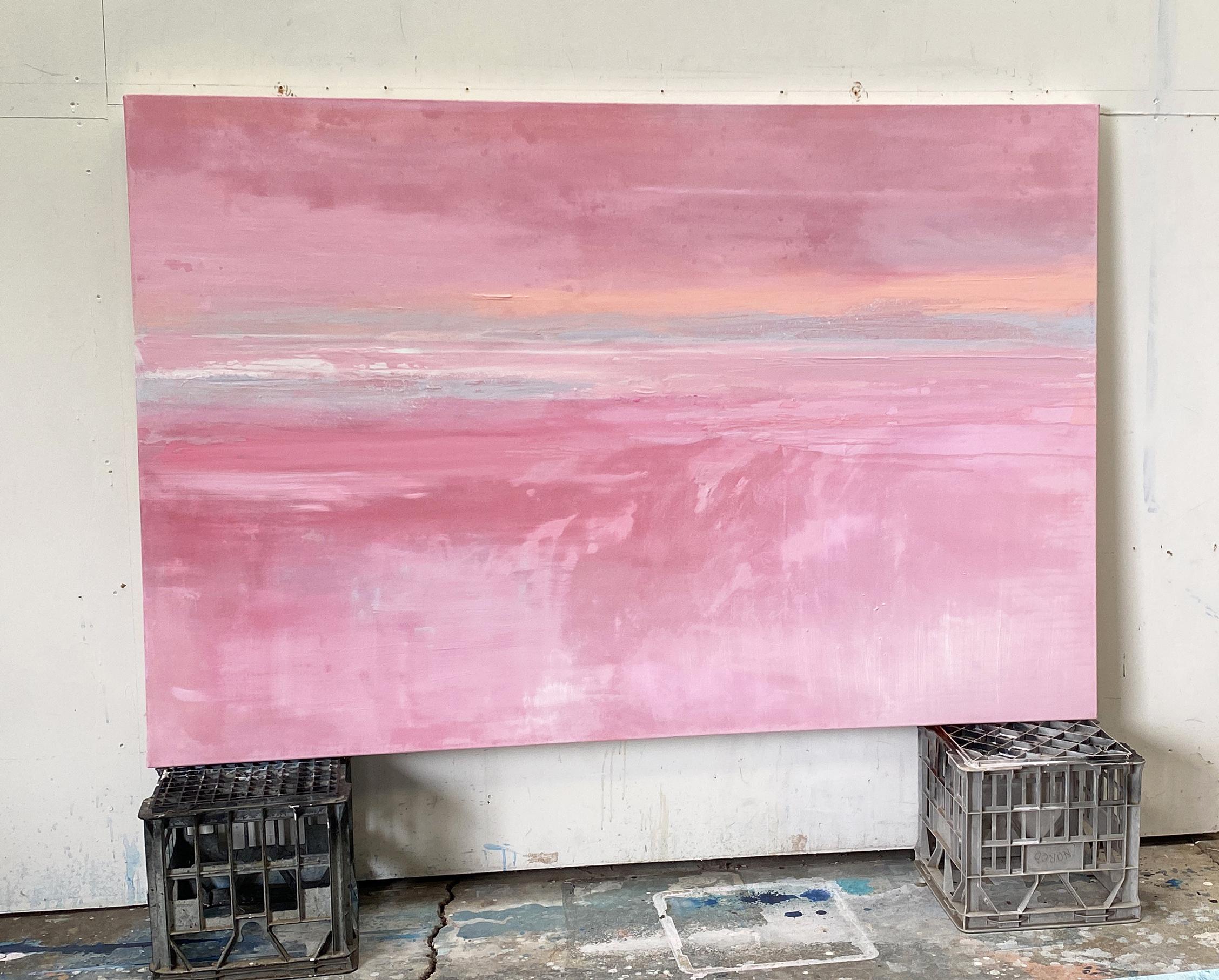 Large pink abstract impressionist minimalist landscape pink grey white peach - Beige Abstract Painting by Kathleen Rhee